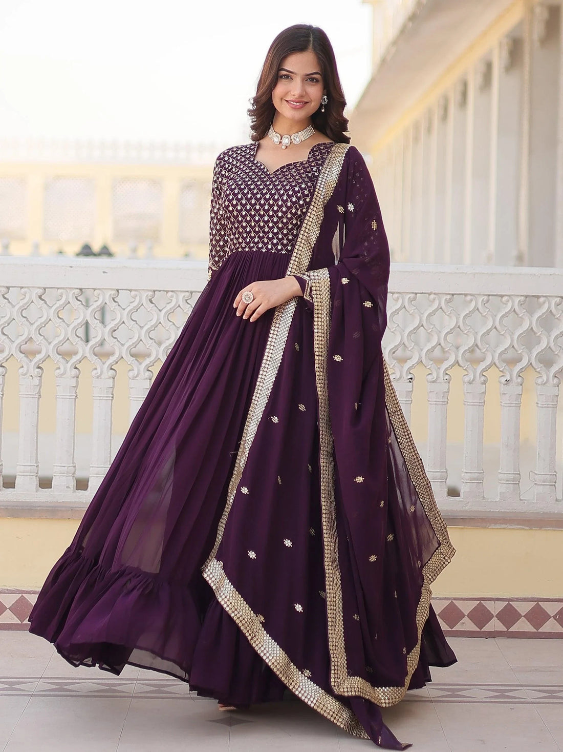 Alluring Wine Sequins Georgette Designer Gown With Dupatta