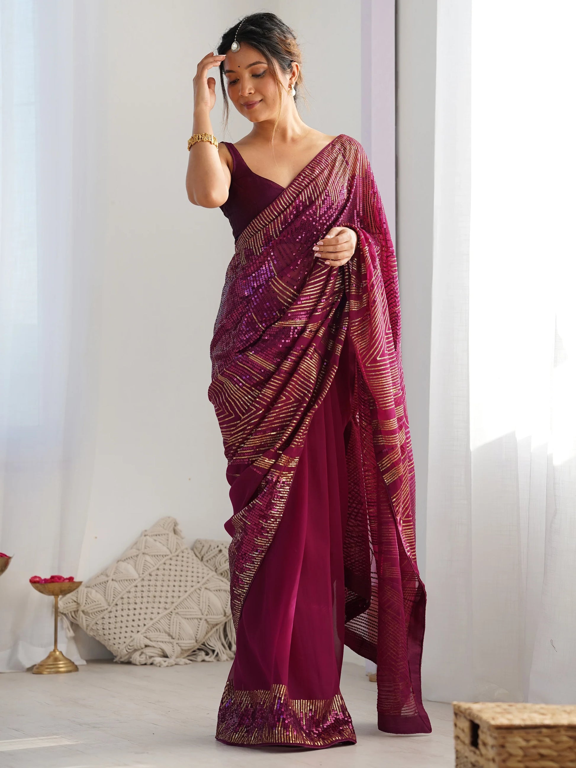 Alluring Wine Sequins Georgette Reception Wear Saree With Blouse - Zeel Clothing