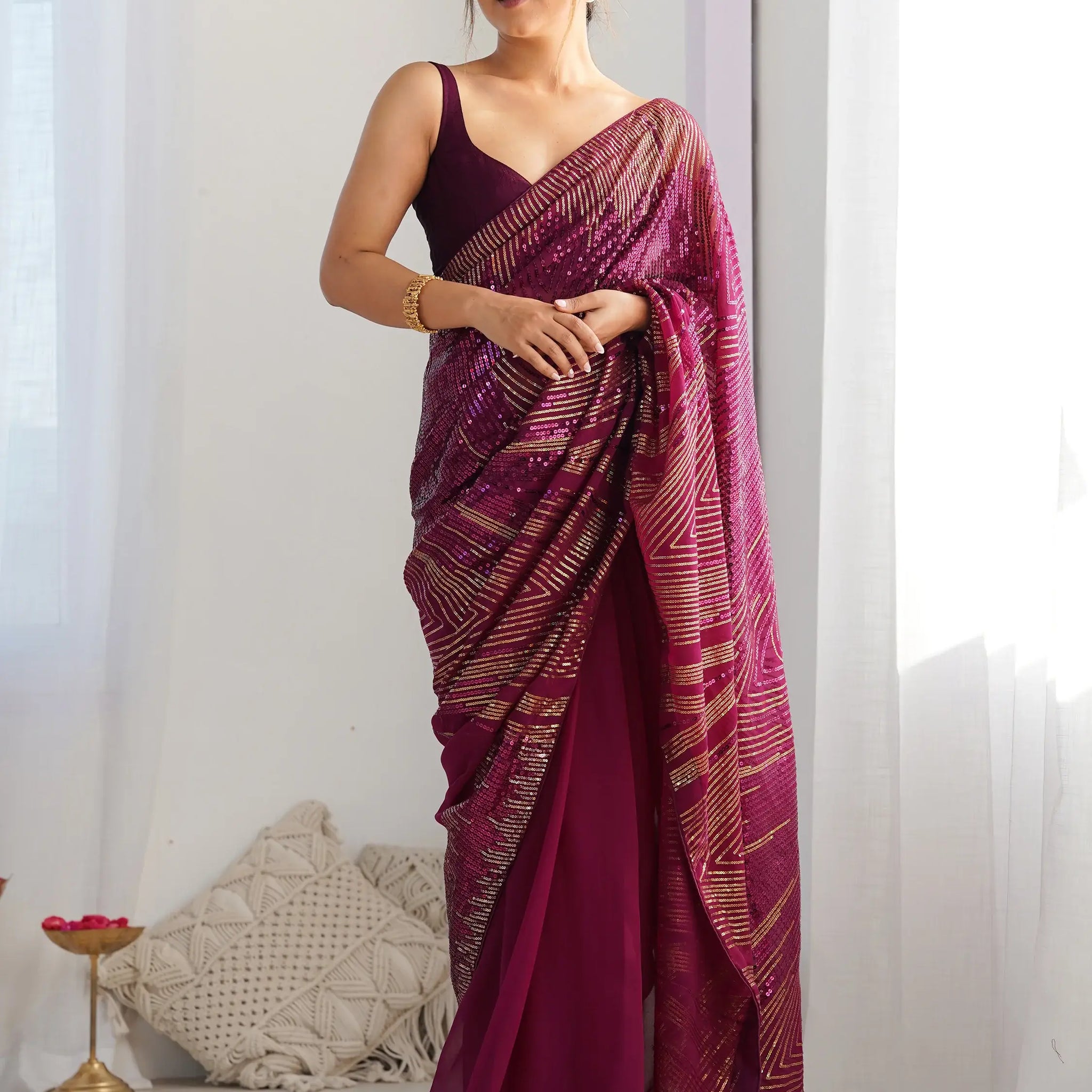 Alluring Wine Sequins Georgette Reception Wear Saree With Blouse - Zeel Clothing
