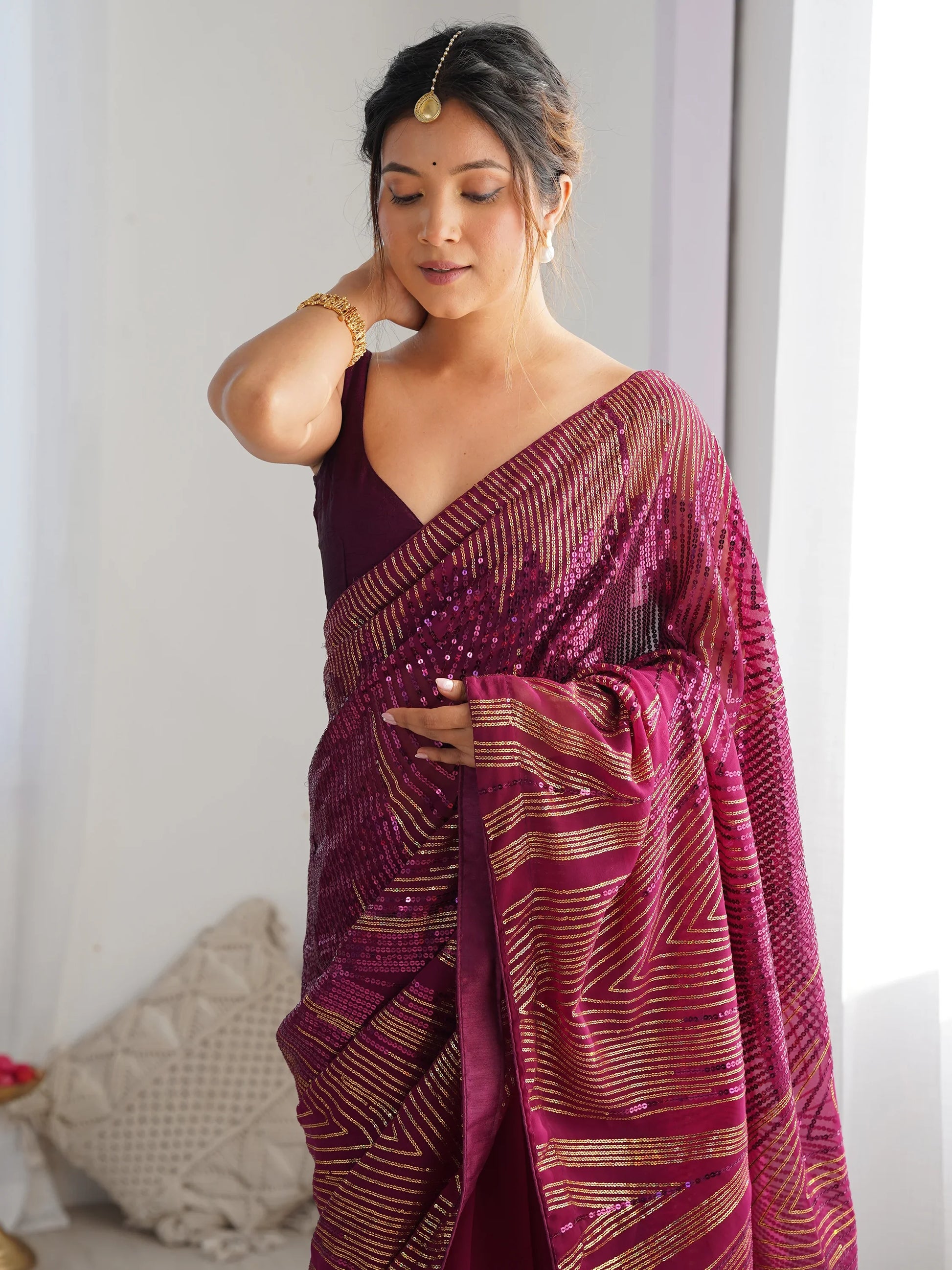 Alluring Wine Sequins Georgette Reception Wear Saree With Blouse - Zeel Clothing