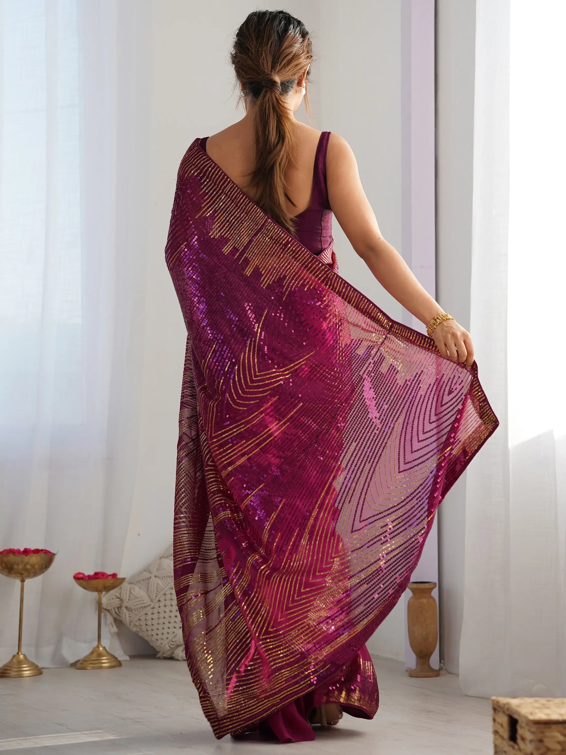 Alluring Wine Sequins Georgette Reception Wear Saree With Blouse - Zeel Clothing