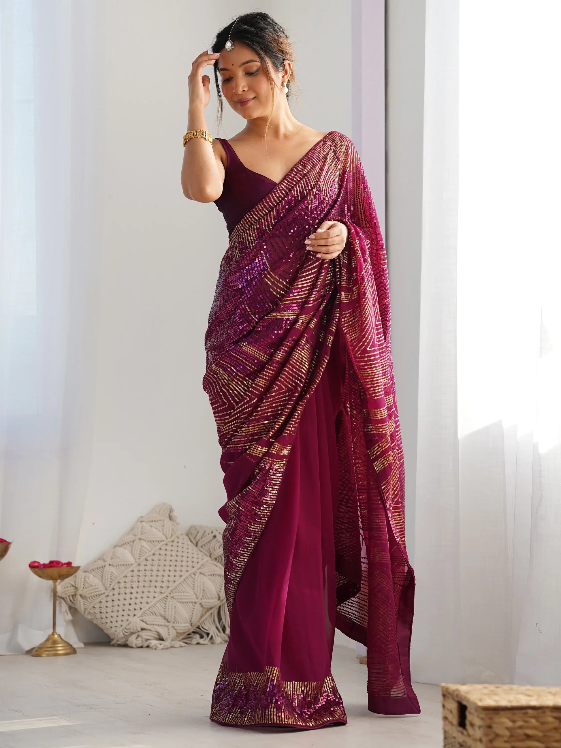 Alluring Wine Sequins Georgette Reception Wear Saree With Blouse - Zeel Clothing