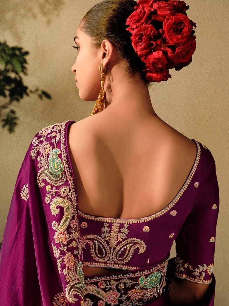 Alluring Wine Sequins Silk Traditional Saree With Blouse - Zeel Clothing