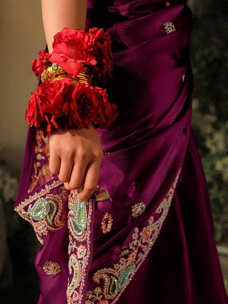 Alluring Wine Sequins Silk Traditional Saree With Blouse - Zeel Clothing