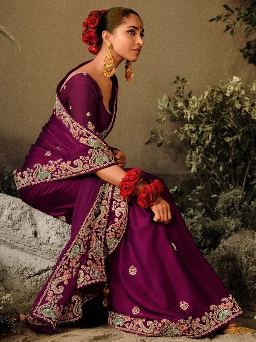 Alluring Wine Sequins Silk Traditional Saree With Blouse - Zeel Clothing