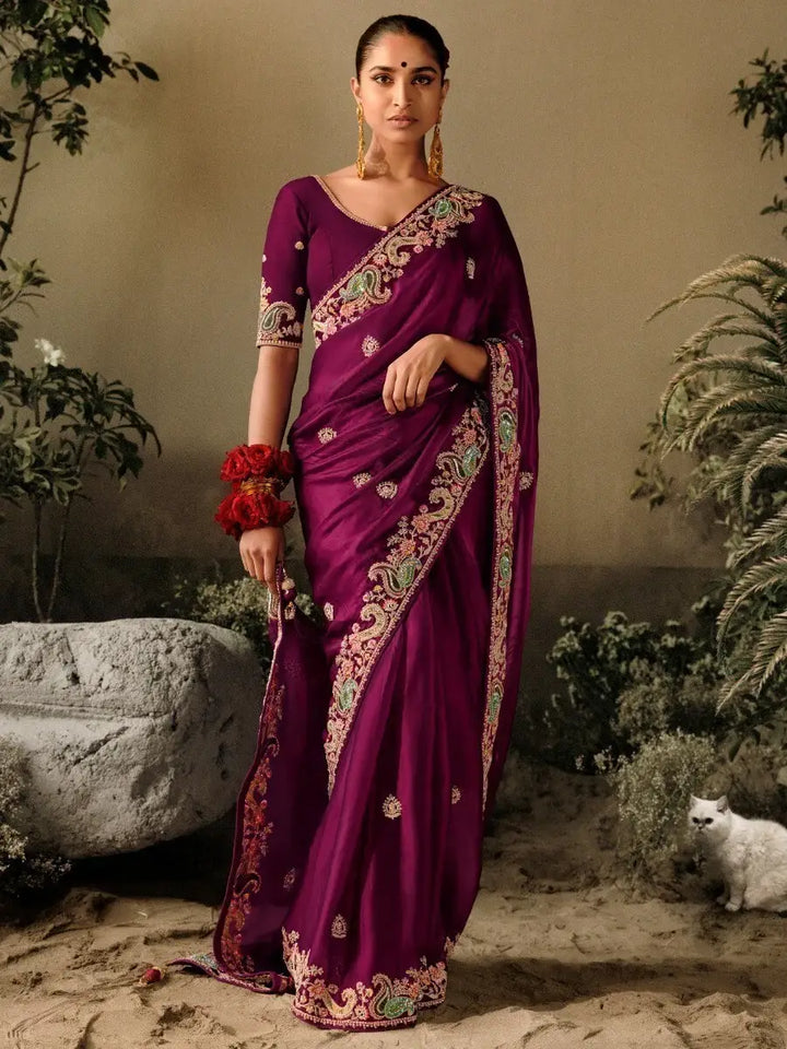 Alluring Wine Sequins Silk Traditional Saree With Blouse - Zeel Clothing