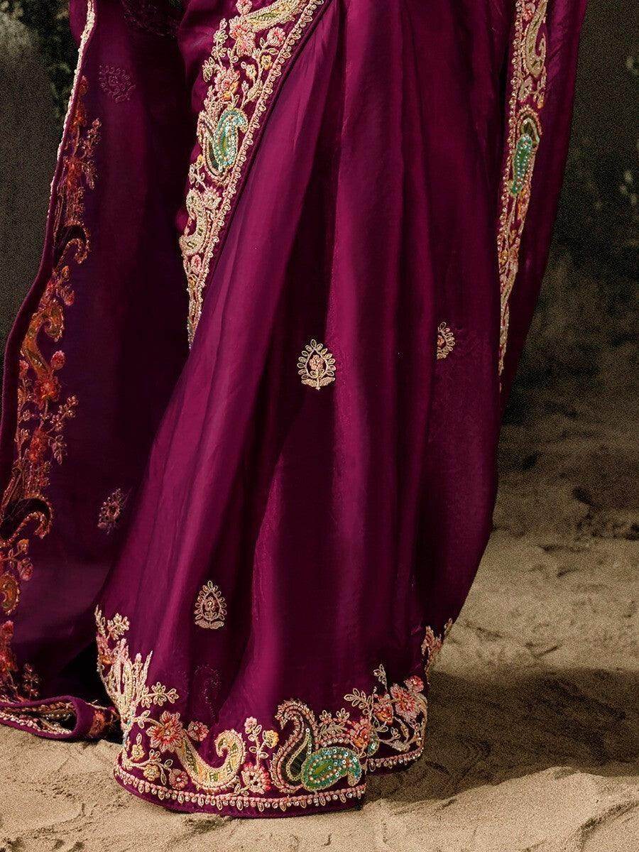 Alluring Wine Sequins Silk Traditional Saree With Blouse - Zeel Clothing