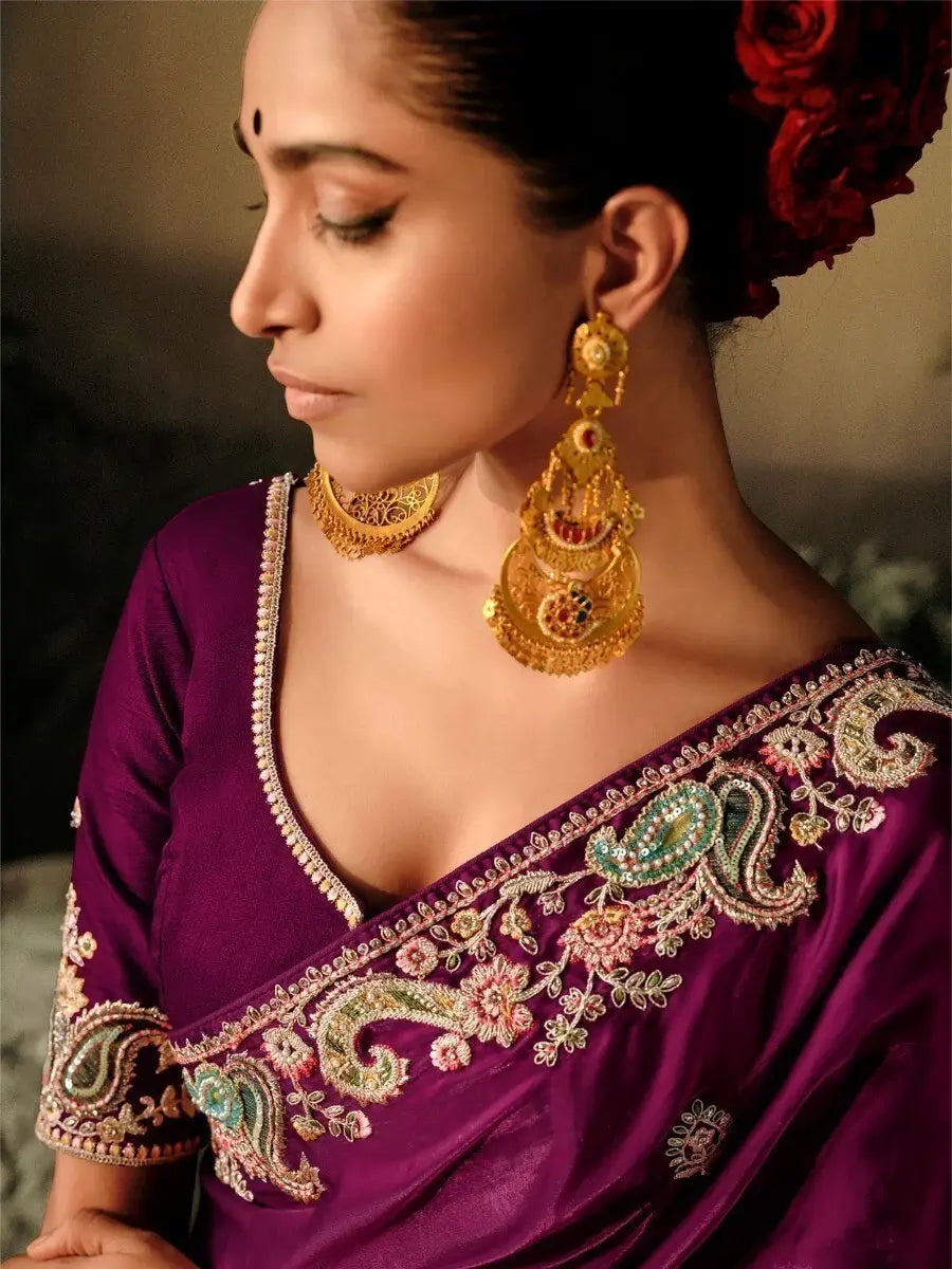 Alluring Wine Sequins Silk Traditional Saree With Blouse - Zeel Clothing