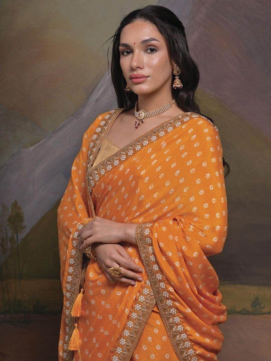 Alluring Yellow Bandhani Print Chinon Haldi Wear Saree With Blouse - Zeel Clothing