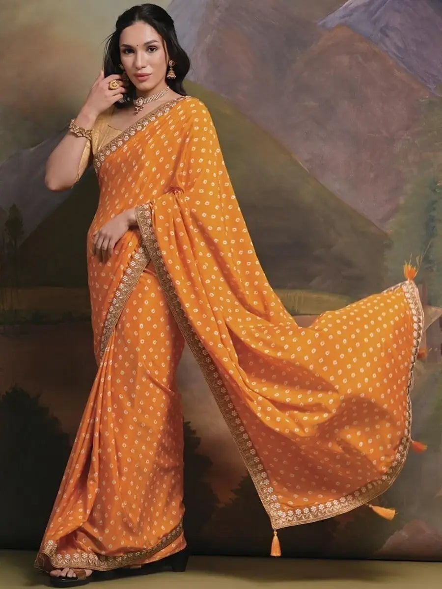 Alluring Yellow Bandhani Print Chinon Haldi Wear Saree With Blouse - Zeel Clothing