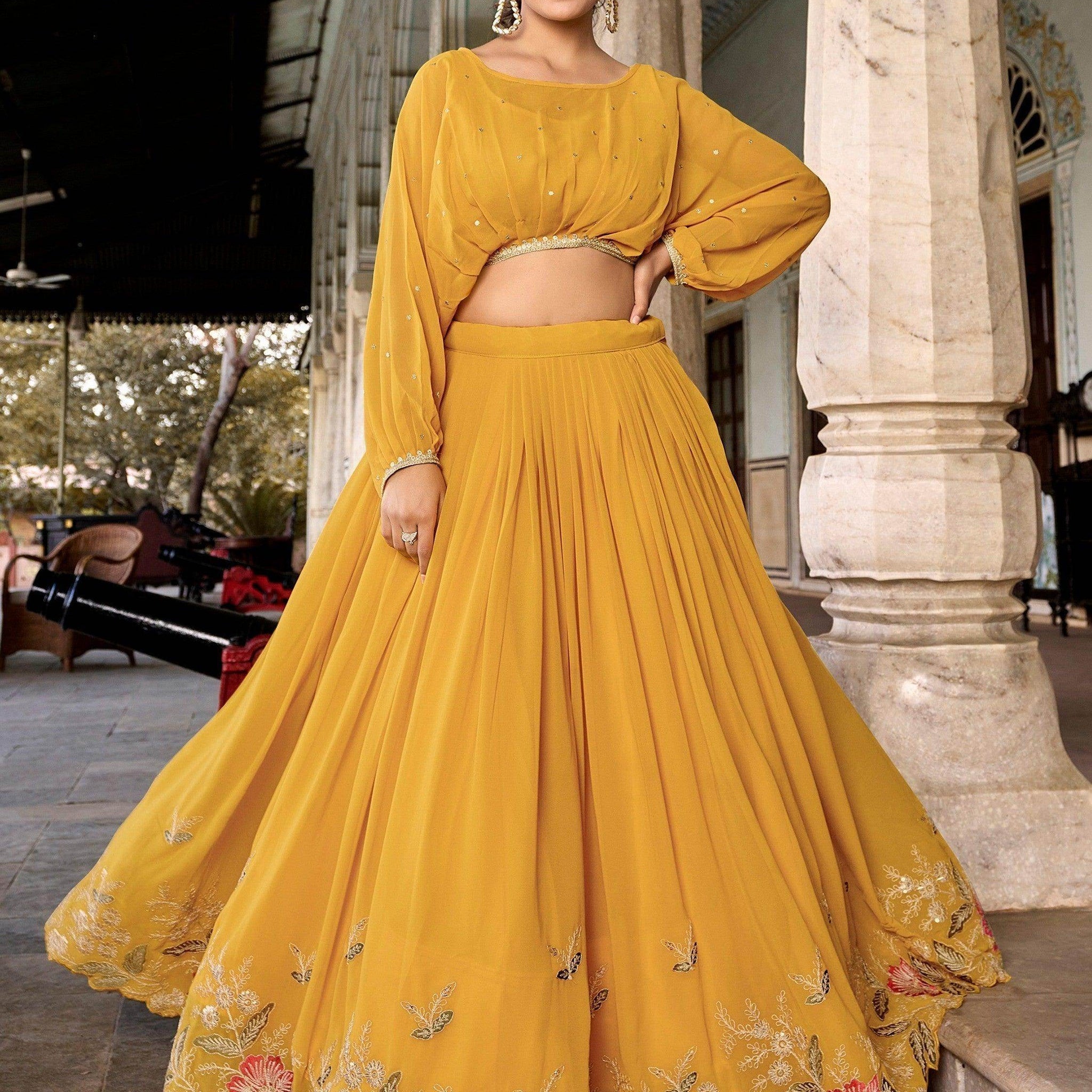 Alluring Yellow Embroidered Georgette Indo-Western Crop Top Lehenga - Zeel Clothing