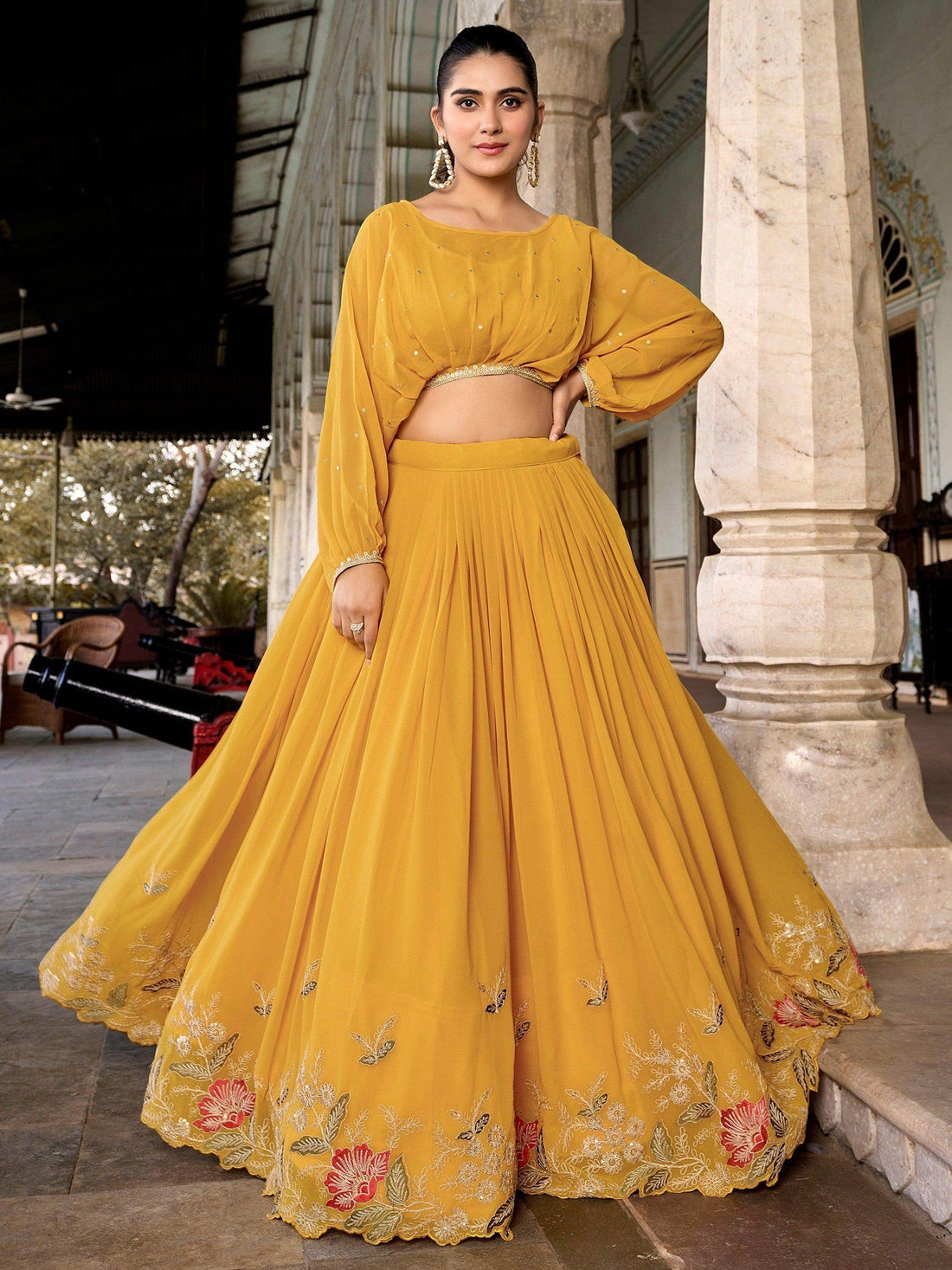 Alluring Yellow Embroidered Georgette Indo-Western Crop Top Lehenga - Zeel Clothing