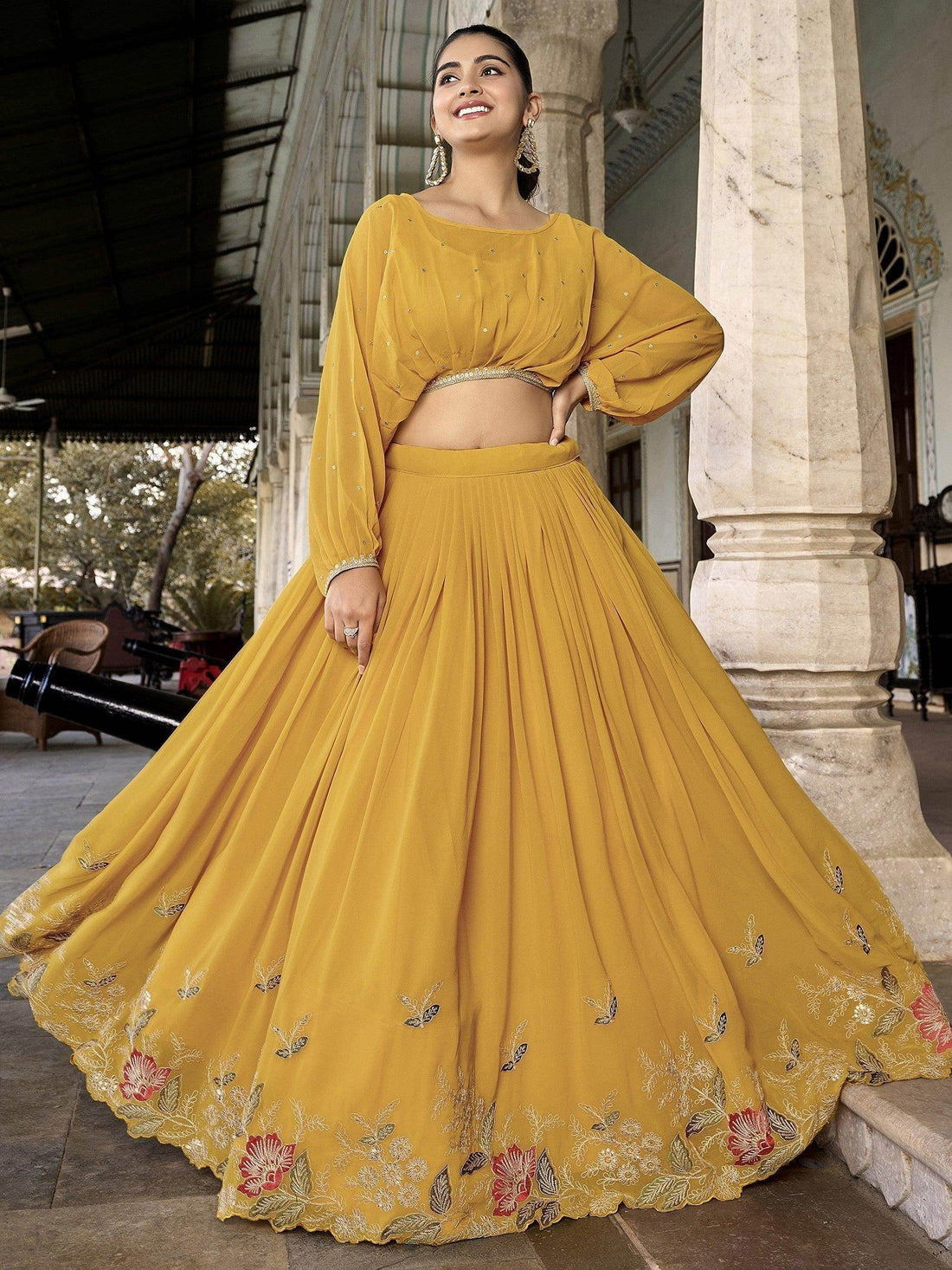 Alluring Yellow Embroidered Georgette Indo-Western Crop Top Lehenga - Zeel Clothing