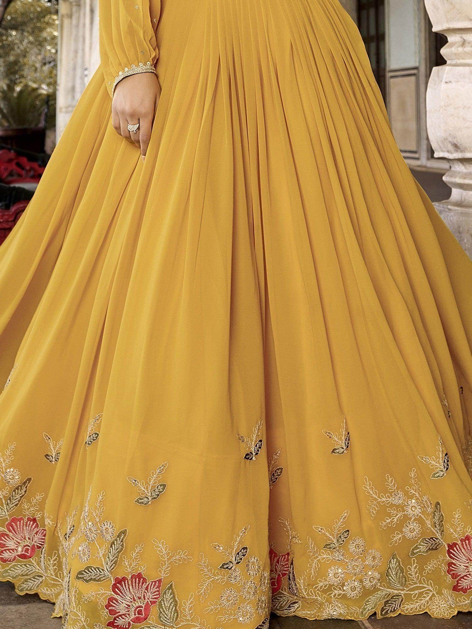 Alluring Yellow Embroidered Georgette Indo-Western Crop Top Lehenga - Zeel Clothing