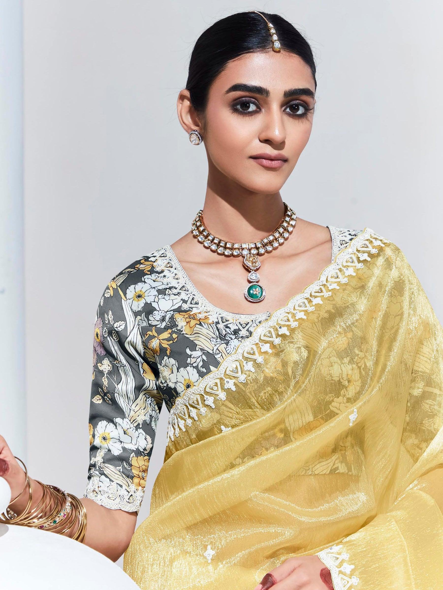 Alluring Yellow Embroidered Organza Festival Wear Saree With Blouse