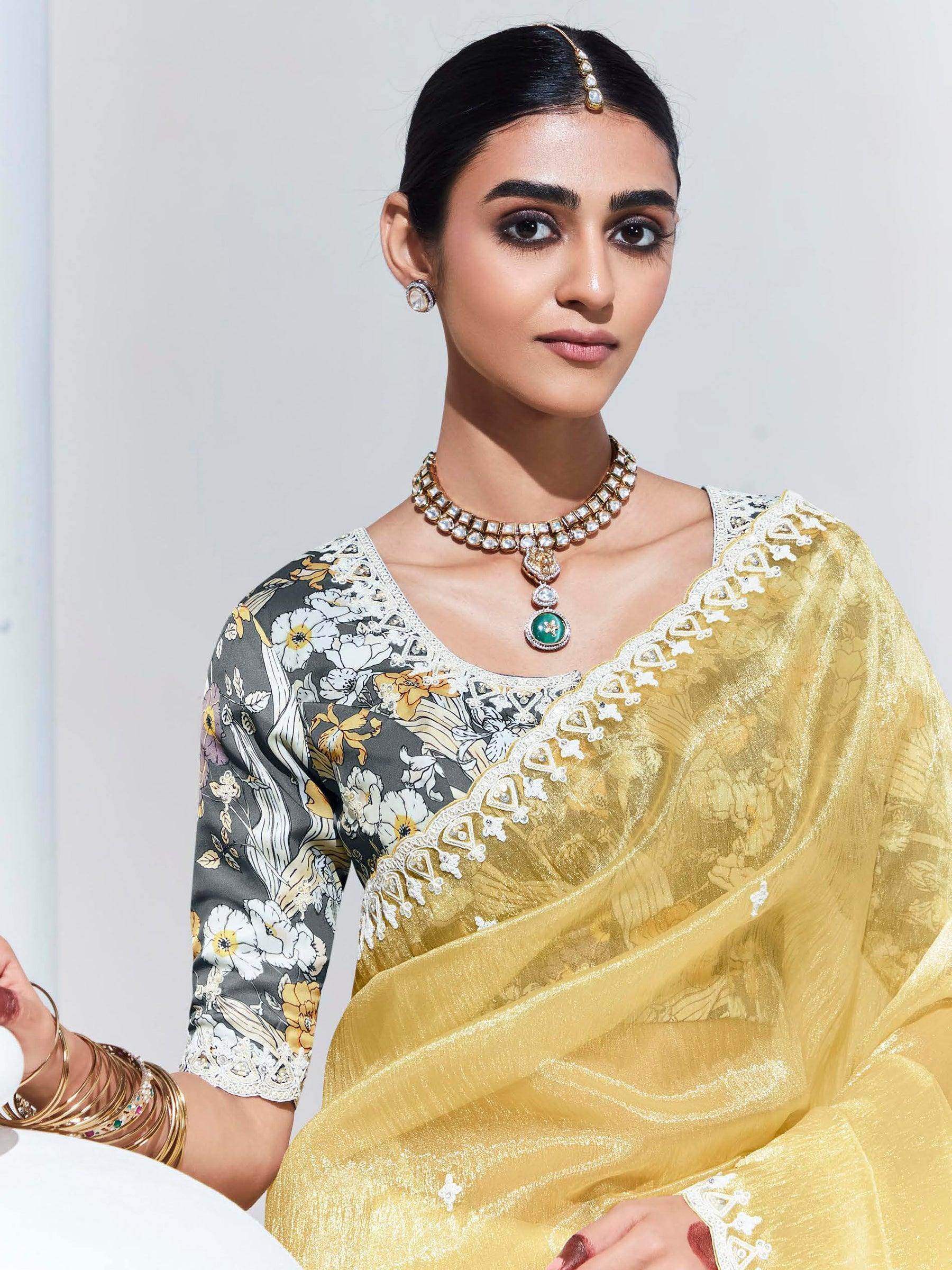 Alluring Yellow Embroidered Organza Festival Wear Saree With Blouse - Zeel Clothing