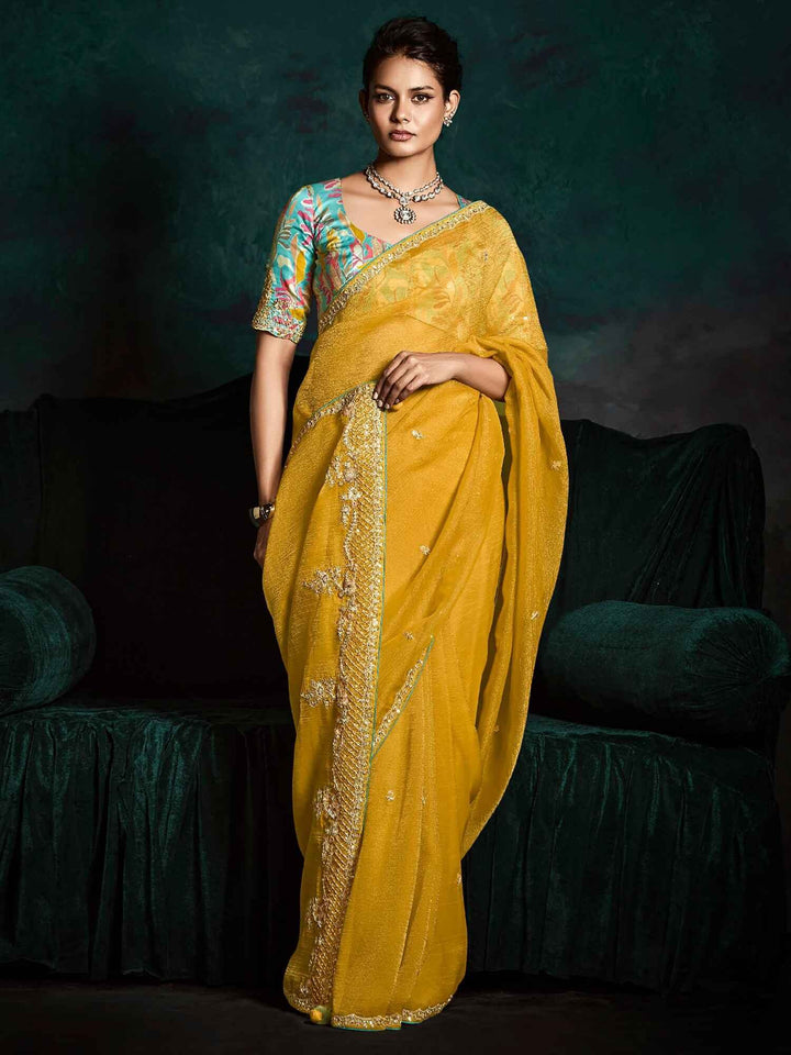 Alluring Yellow Embroidered Silk Haldi Wear Saree With Blouse - Zeel Clothing
