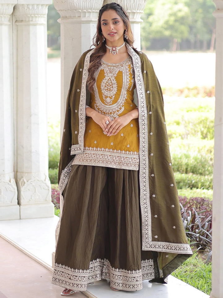 Alluring Yellow Embroidered Work Silk Festive Wear Sharara Suit