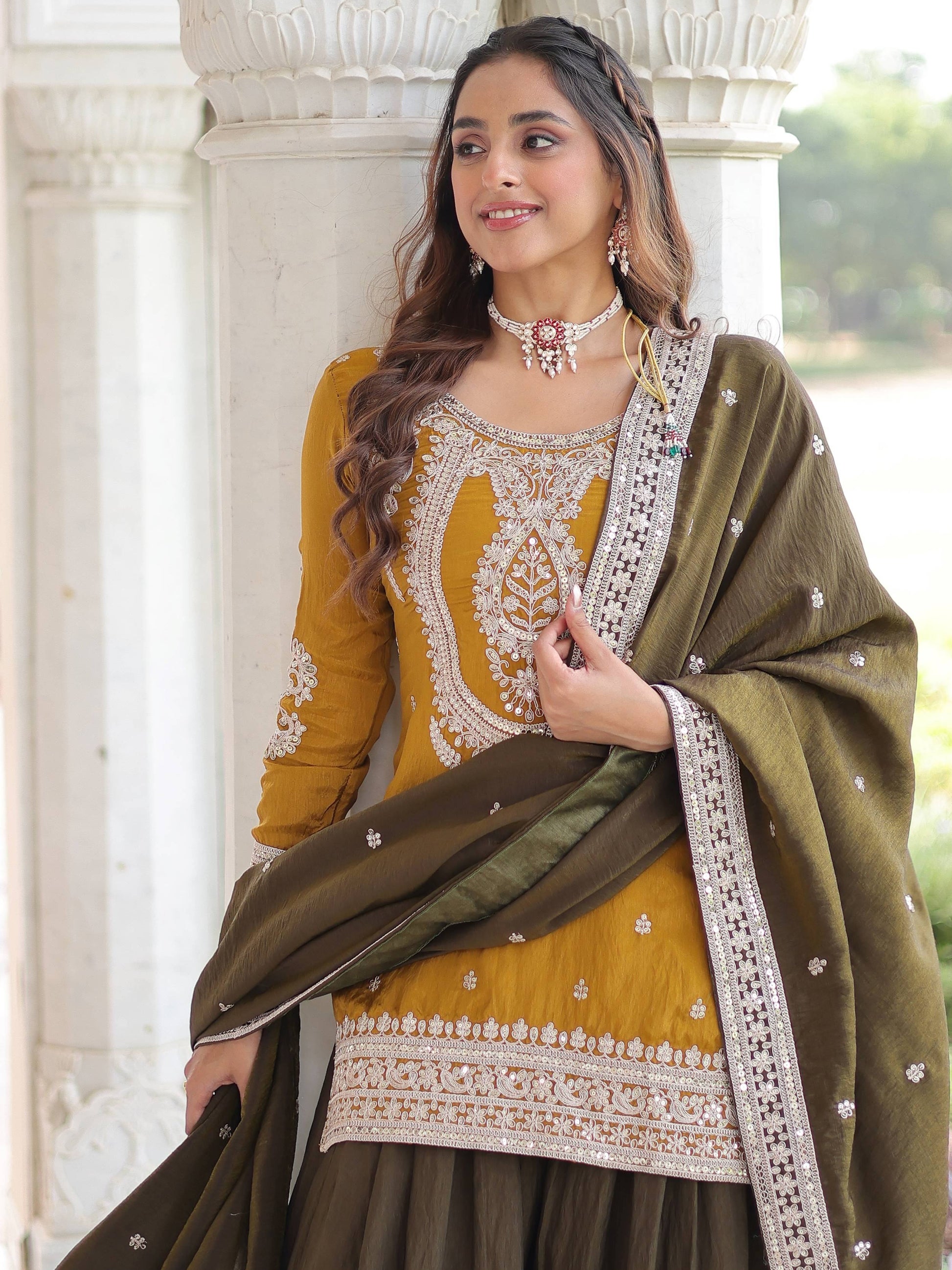Alluring Yellow Embroidered Work Silk Festive Wear Sharara Suit