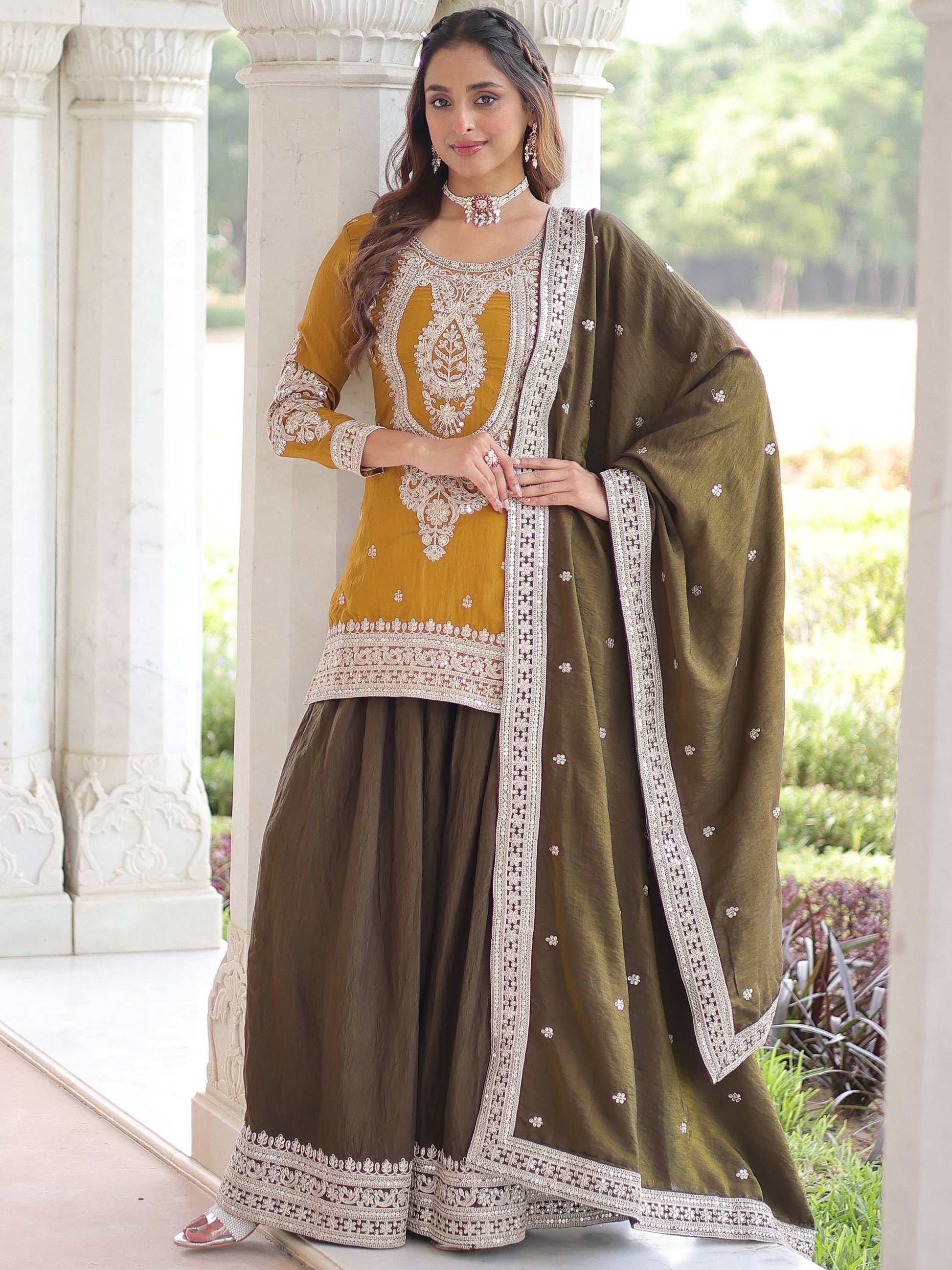 Alluring Yellow Embroidered Work Silk Festive Wear Sharara Suit