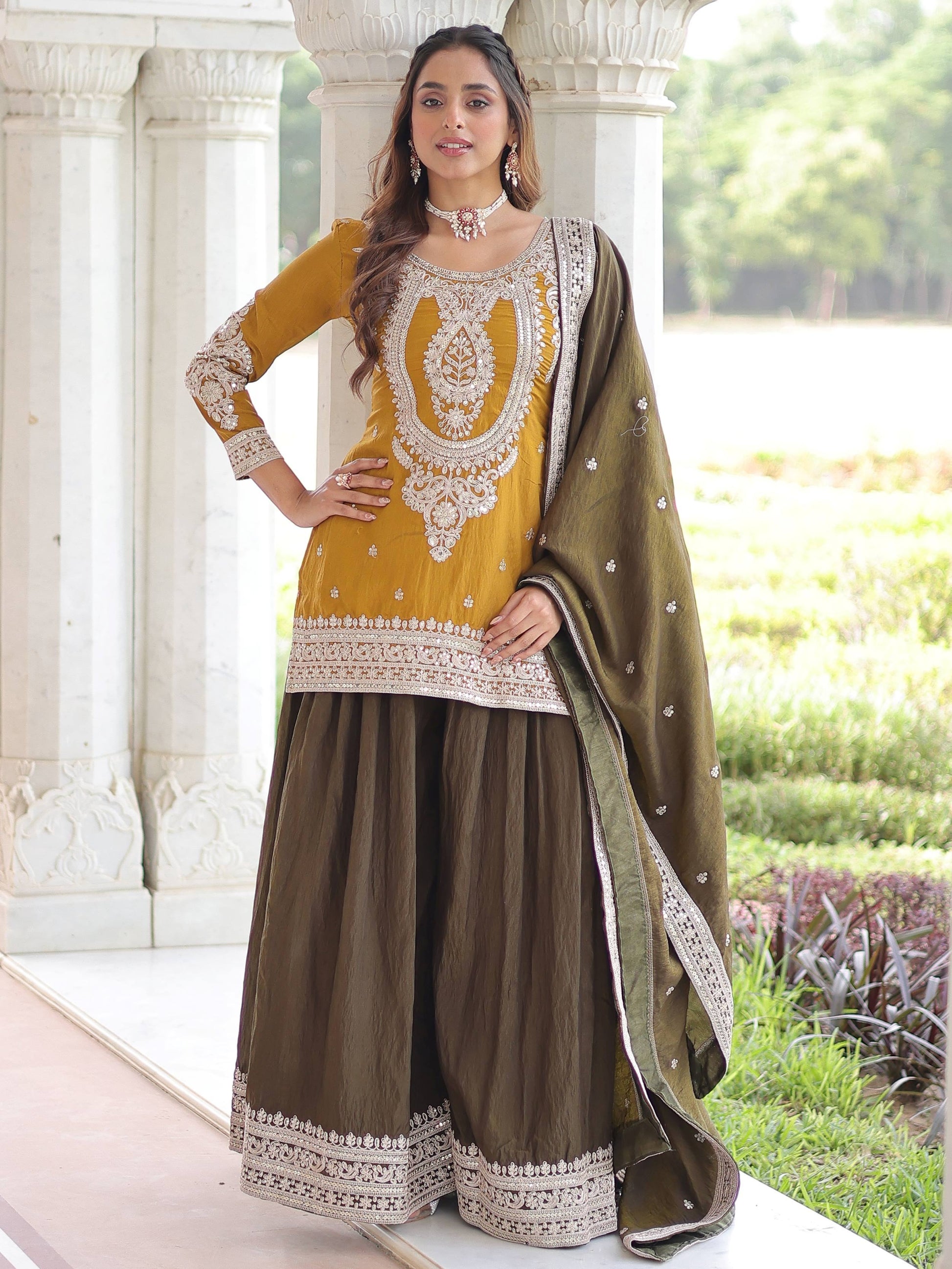 Alluring Yellow Embroidered Work Silk Festive Wear Sharara Suit