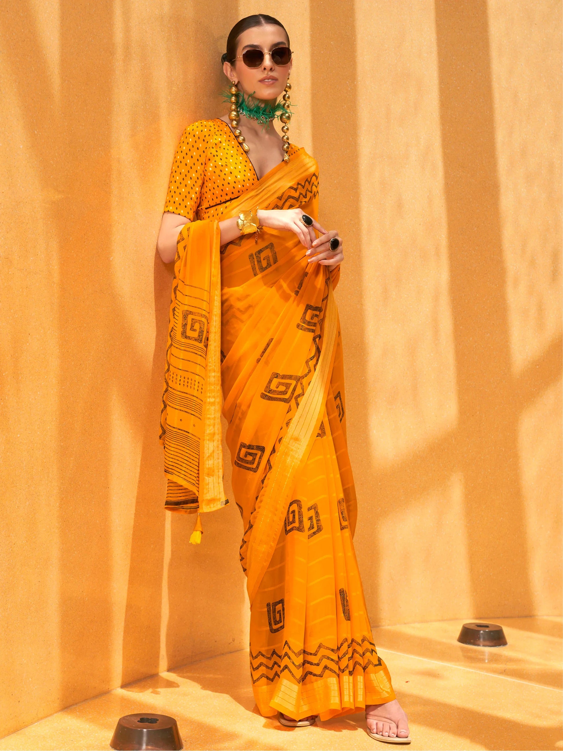 Alluring Yellow Foil Printed Georgette Haldi Wear Saree With Blouse - Zeel Clothing