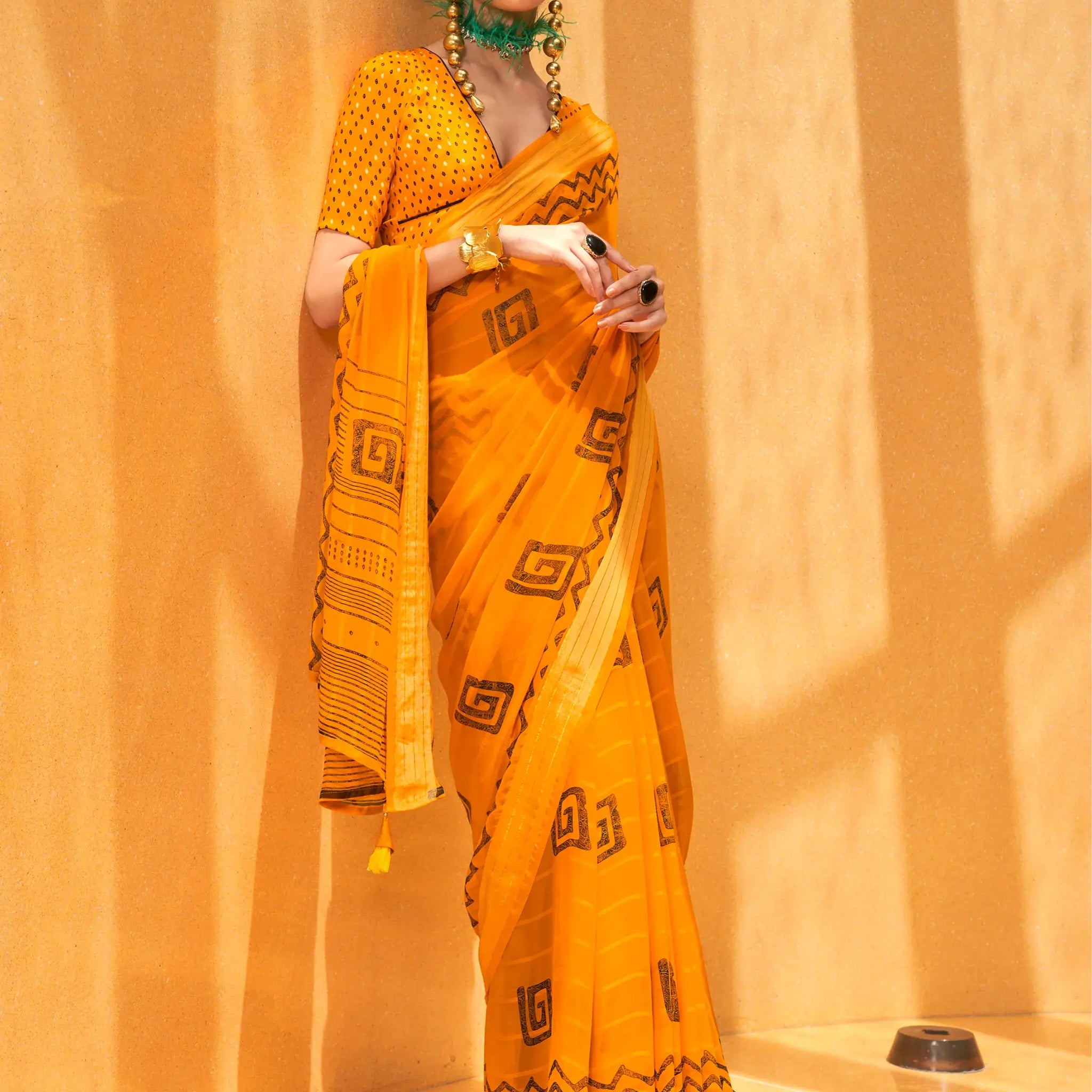 Alluring Yellow Foil Printed Georgette Haldi Wear Saree With Blouse - Zeel Clothing