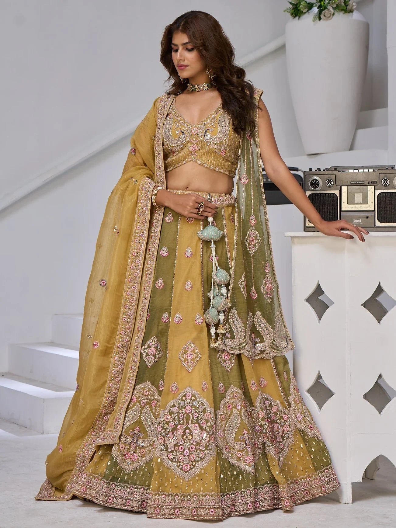 Alluring Yellow-Green Embroidered Tissue Function Wear Lehenga Choli