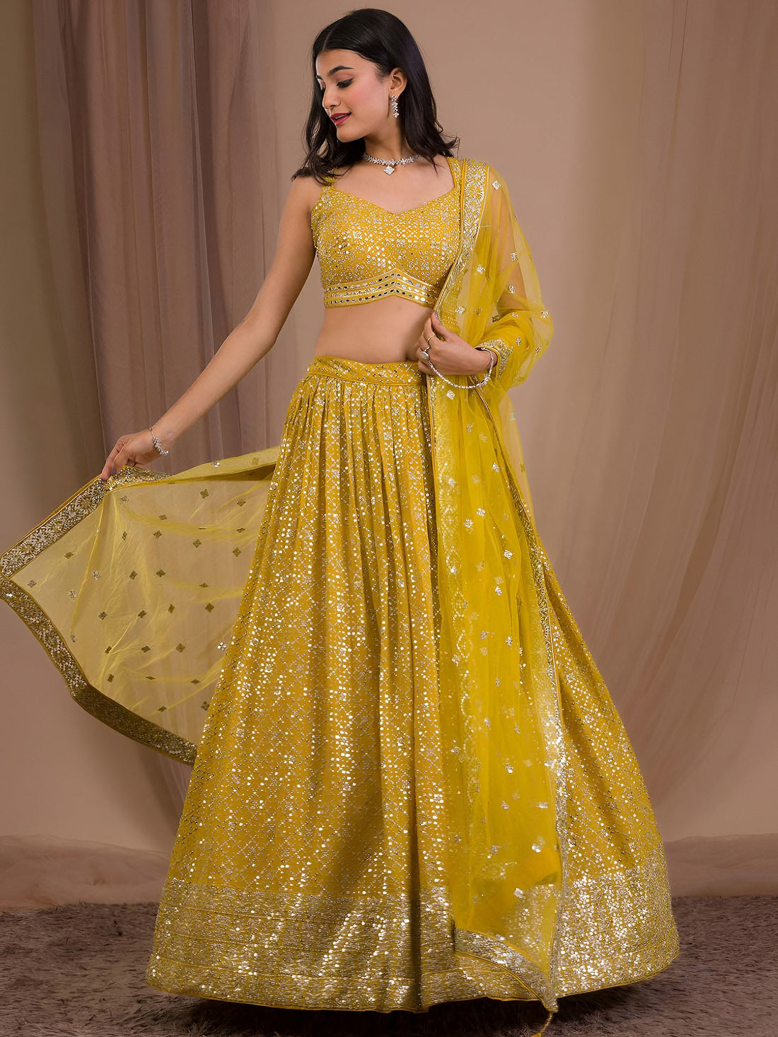 Alluring Yellow Sequins Georgette Haldi Wear Lehenga Choli