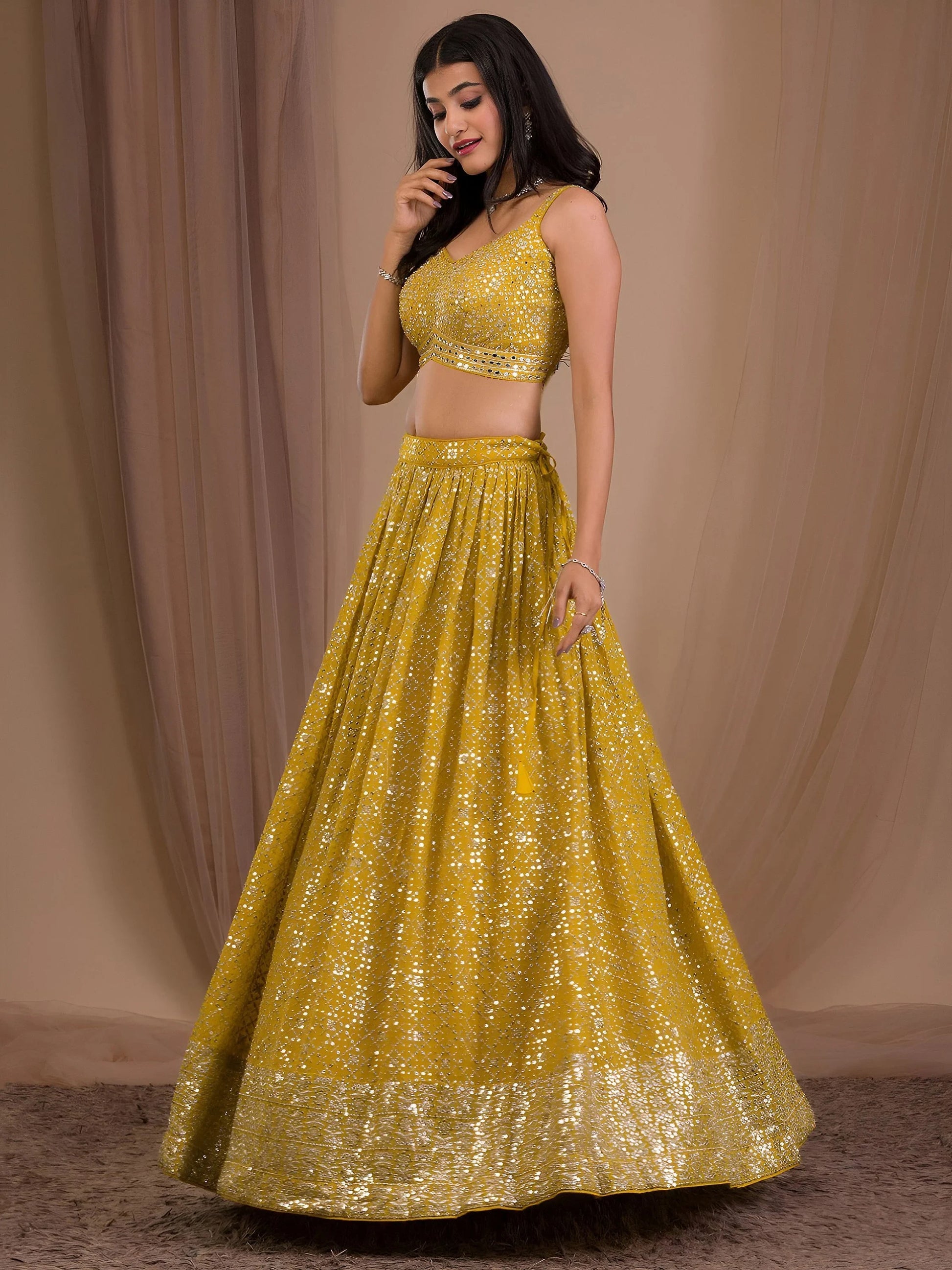 Alluring Yellow Sequins Georgette Haldi Wear Lehenga Choli