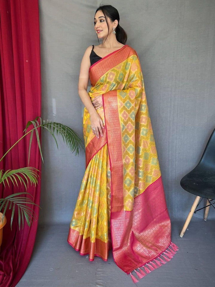 Alluring Yellow Woven Tissue Silk Wedding Wear Saree With Blouse