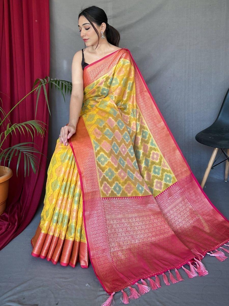 Alluring Yellow Woven Tissue Silk Wedding Wear Saree With Blouse