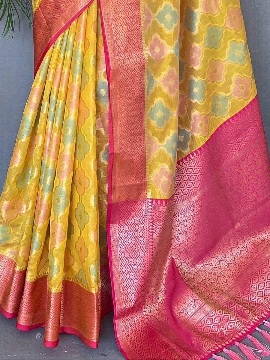 Alluring Yellow Woven Tissue Silk Wedding Wear Saree With Blouse - Zeel Clothing