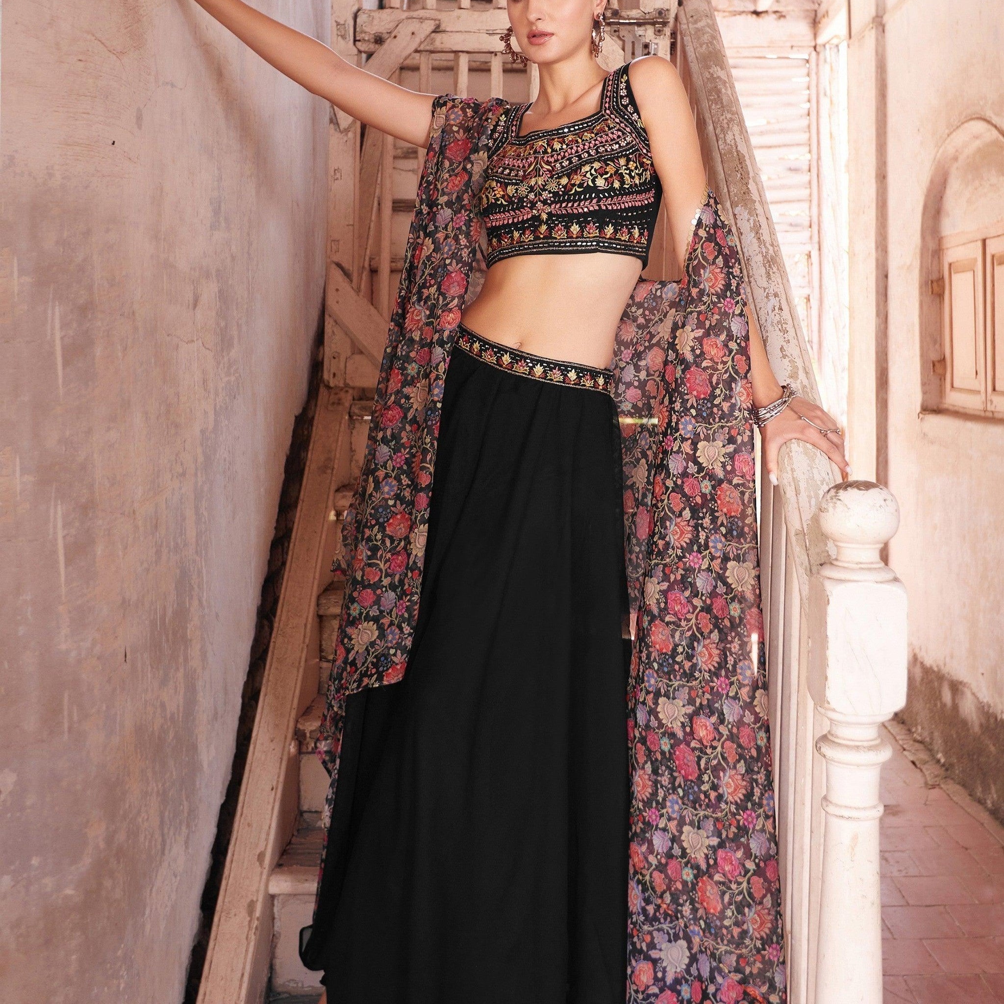 Astonishing Black Mirror Work Georgette Party Wear Crop Top Palazzo