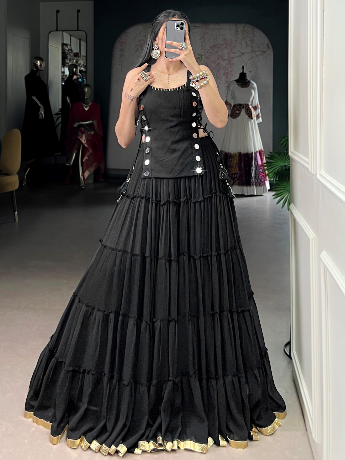Amazeballs Black Mirror Work Chiffon Festive Wear Crop Top Lehenga With Koti