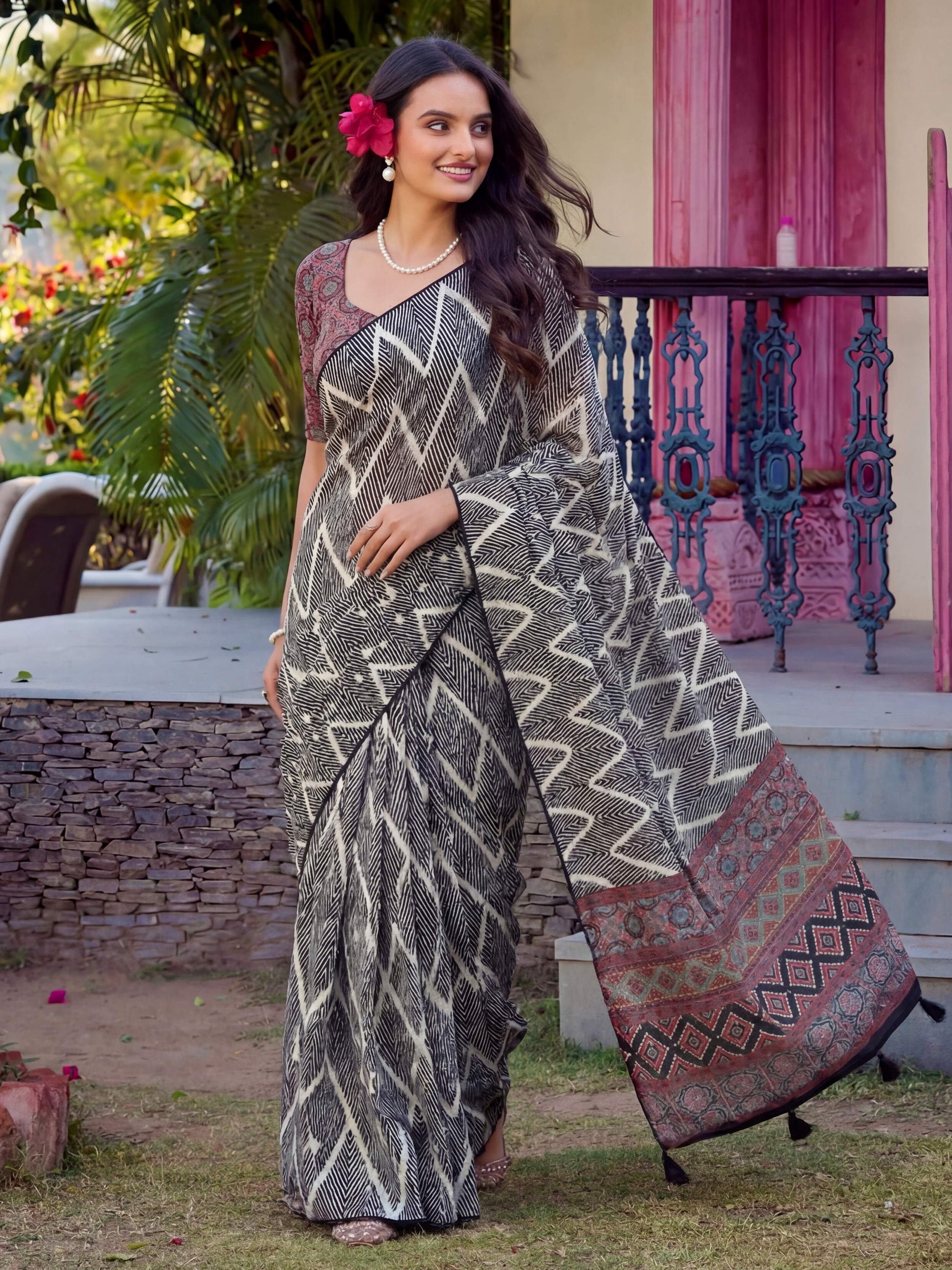 Amazeballs Black Zig-Zag Printed Crepe Office Wear Saree With Blouse