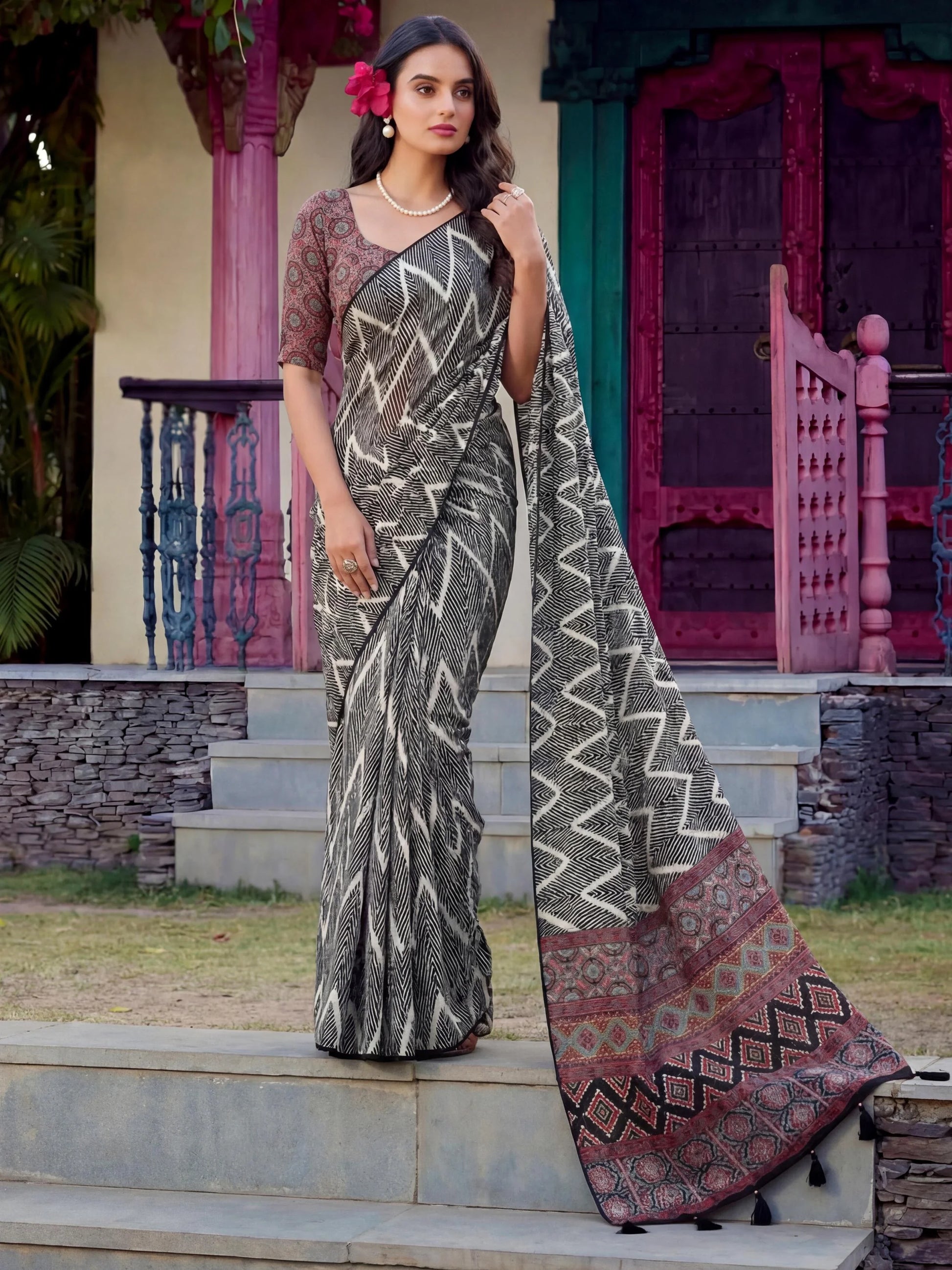 Amazeballs Black Zig-Zag Printed Crepe Office Wear Saree With Blouse
