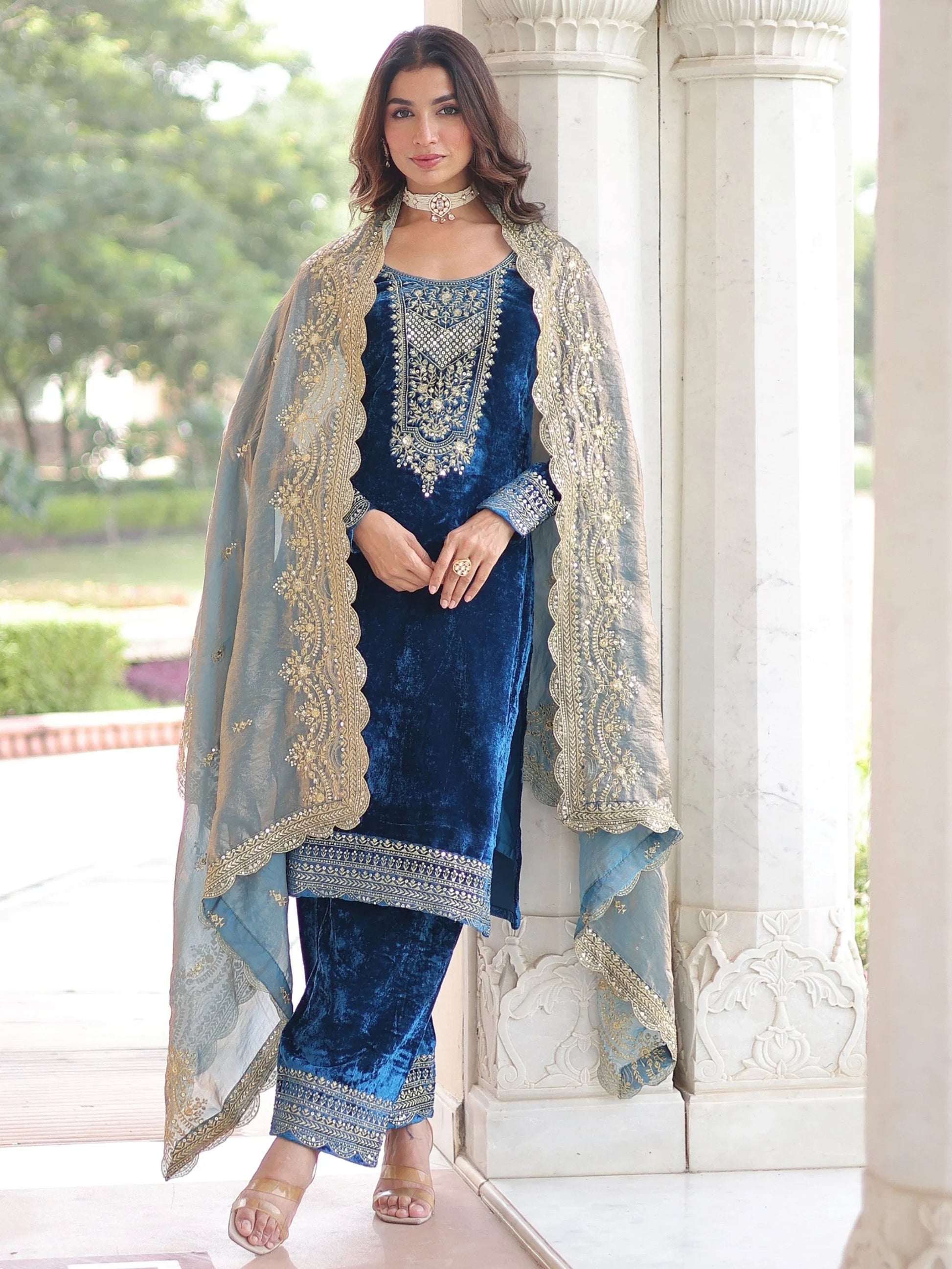 Amazeballs Blue Sequins Work Velvet Evening Wear Pant Suit With Dupatta