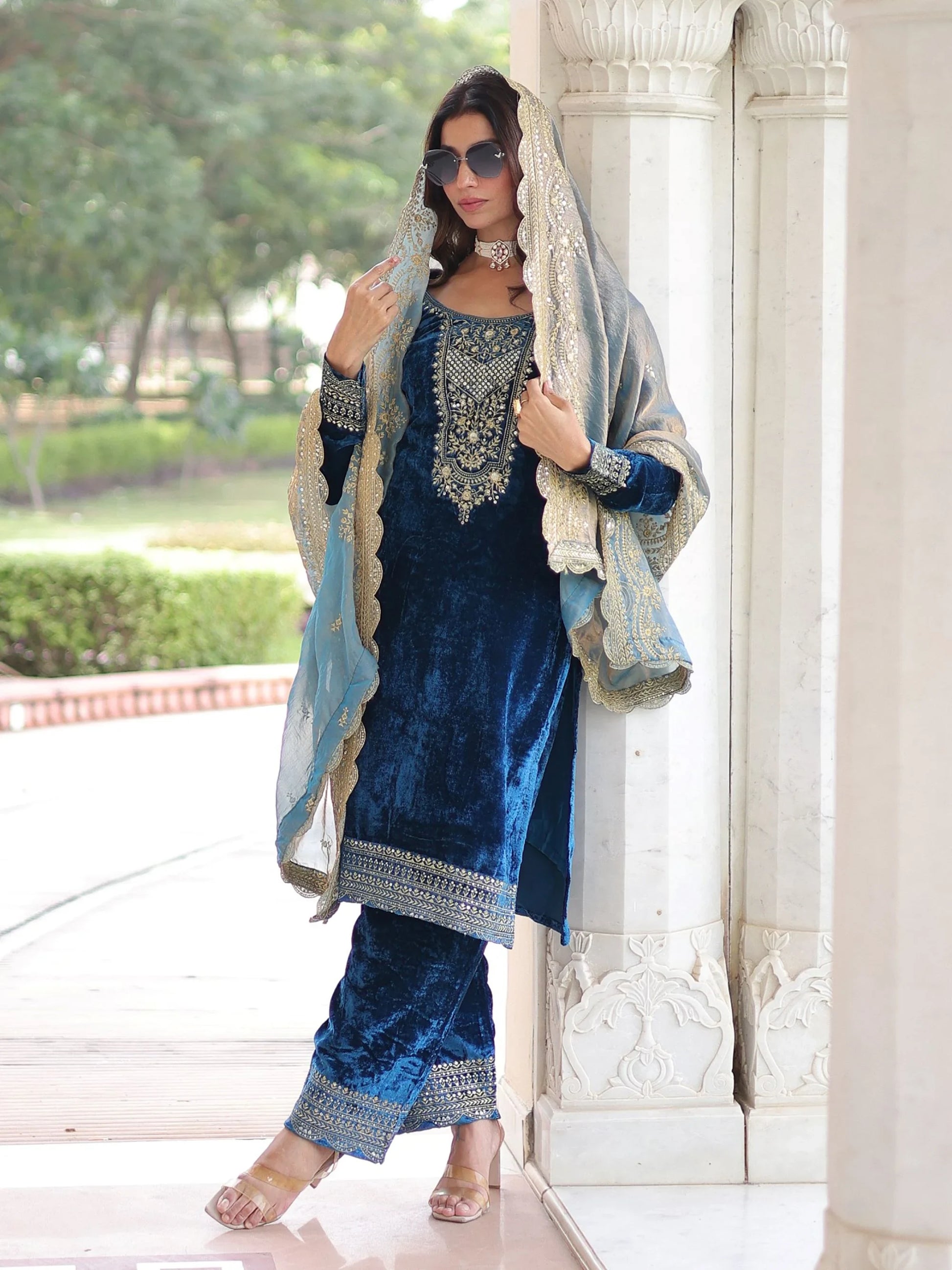 Amazeballs Blue Sequins Work Velvet Evening Wear Pant Suit With Dupatta