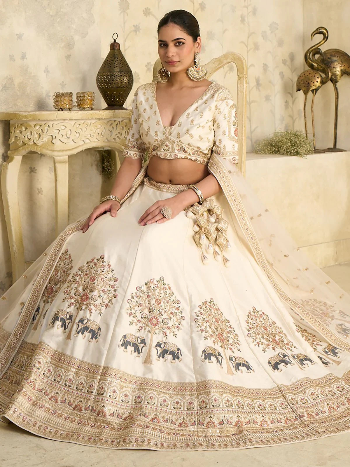 Amazeballs Cream Embroidered Silk Reception Wear Lehenga With Blouse