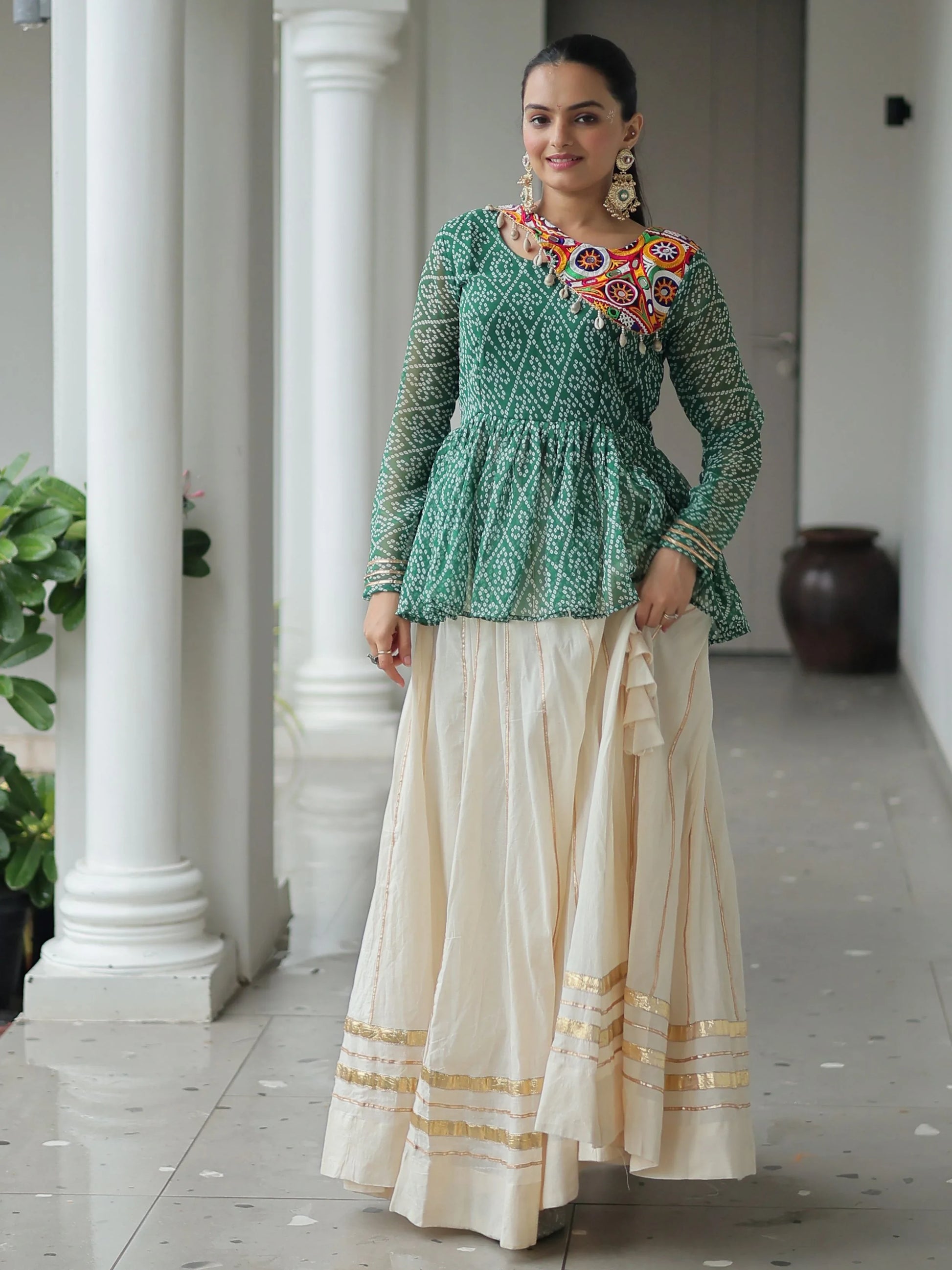 Amazeballs Green Cotton Navratri Special Lehenga With Bandhani Print Peplum Top - Zeel Clothing