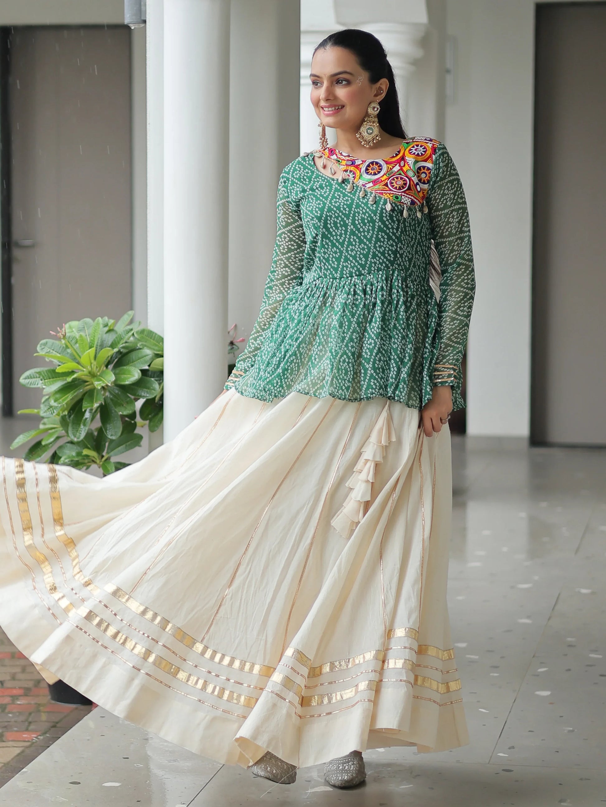 Amazeballs Green Cotton Navratri Special Lehenga With Bandhani Print Peplum Top - Zeel Clothing
