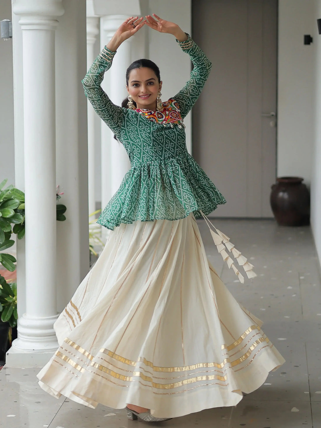Amazeballs Green Cotton Navratri Special Lehenga With Bandhani Print Peplum Top - Zeel Clothing