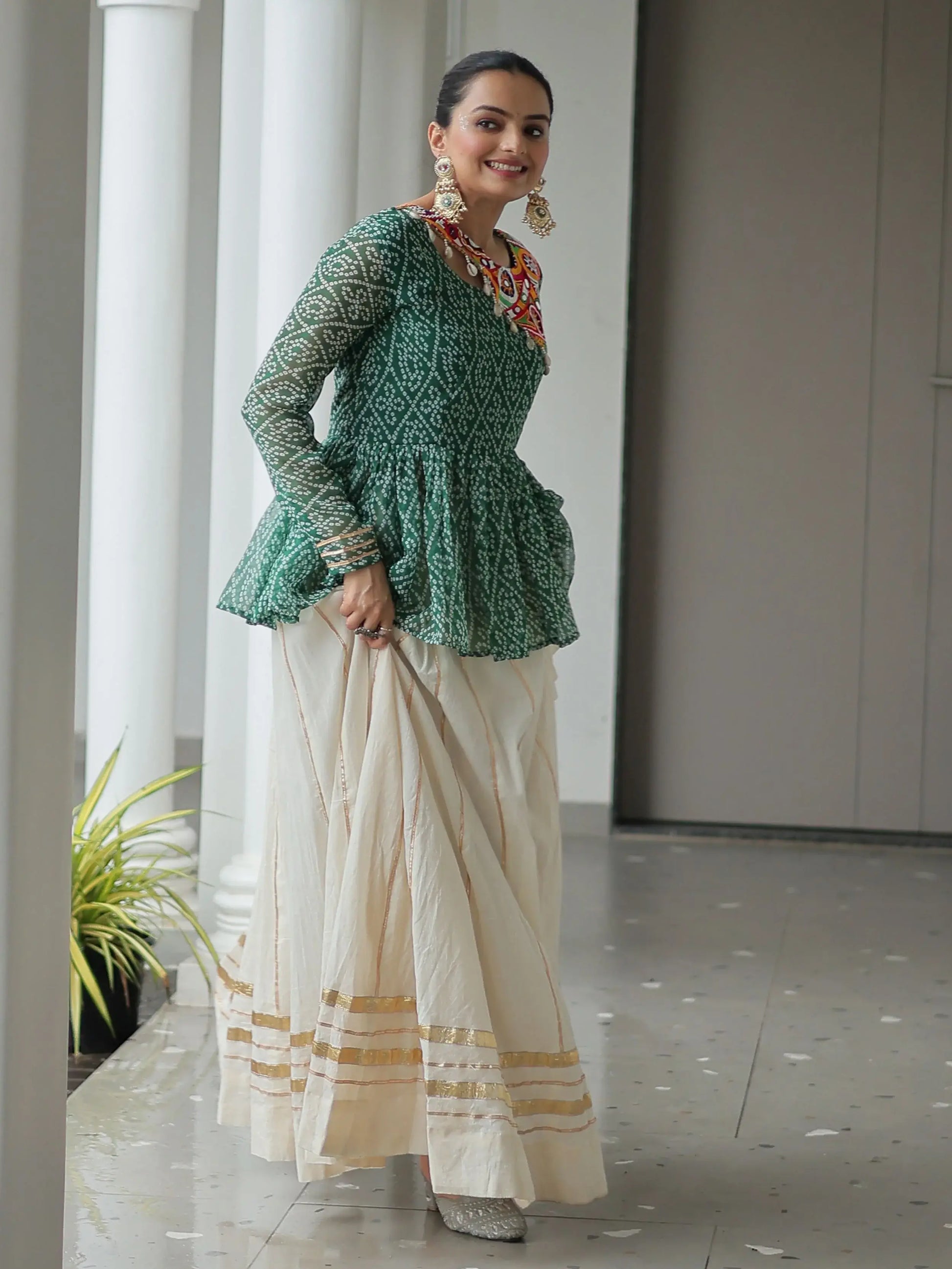Amazeballs Green Cotton Navratri Special Lehenga With Bandhani Print Peplum Top - Zeel Clothing