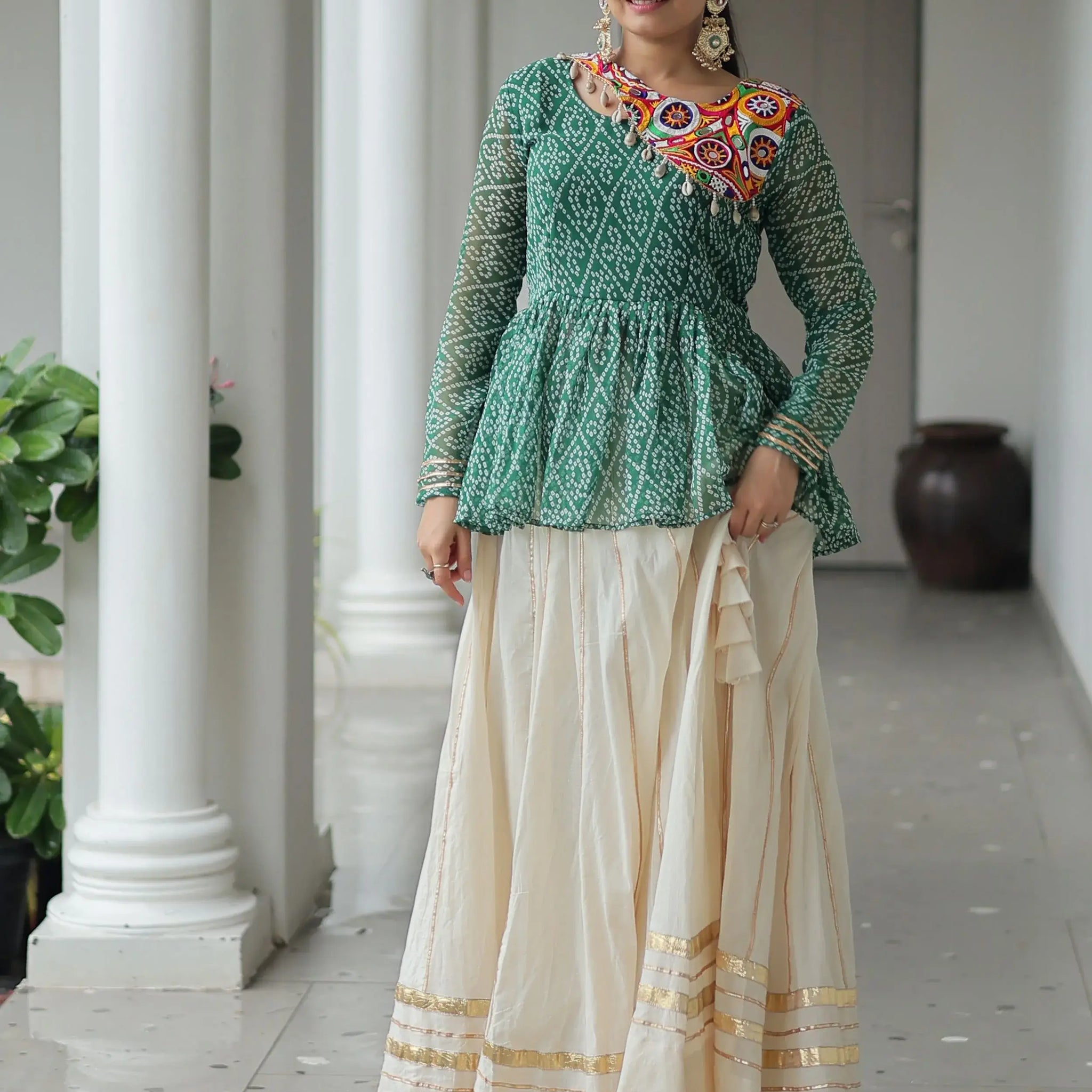 Amazeballs Green Cotton Navratri Special Lehenga With Bandhani Print Peplum Top - Zeel Clothing