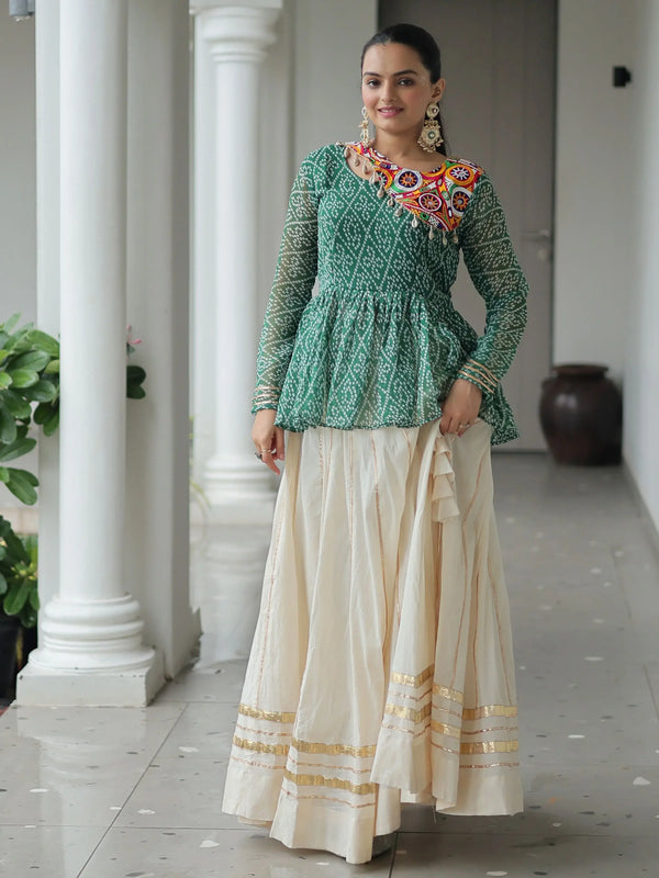 Amazeballs Green Cotton Navratri Special Lehenga With Bandhani Print Peplum Top - Zeel Clothing