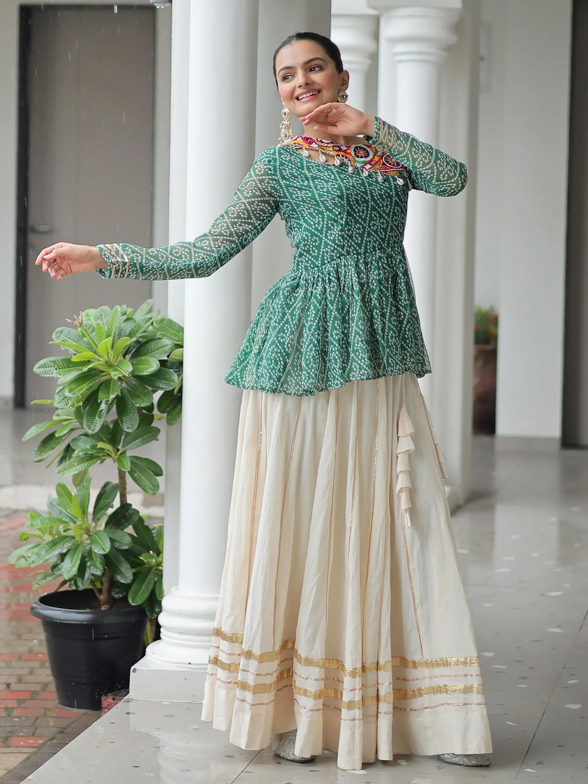 Amazeballs Green Cotton Navratri Special Lehenga With Bandhani Print Peplum Top - Zeel Clothing