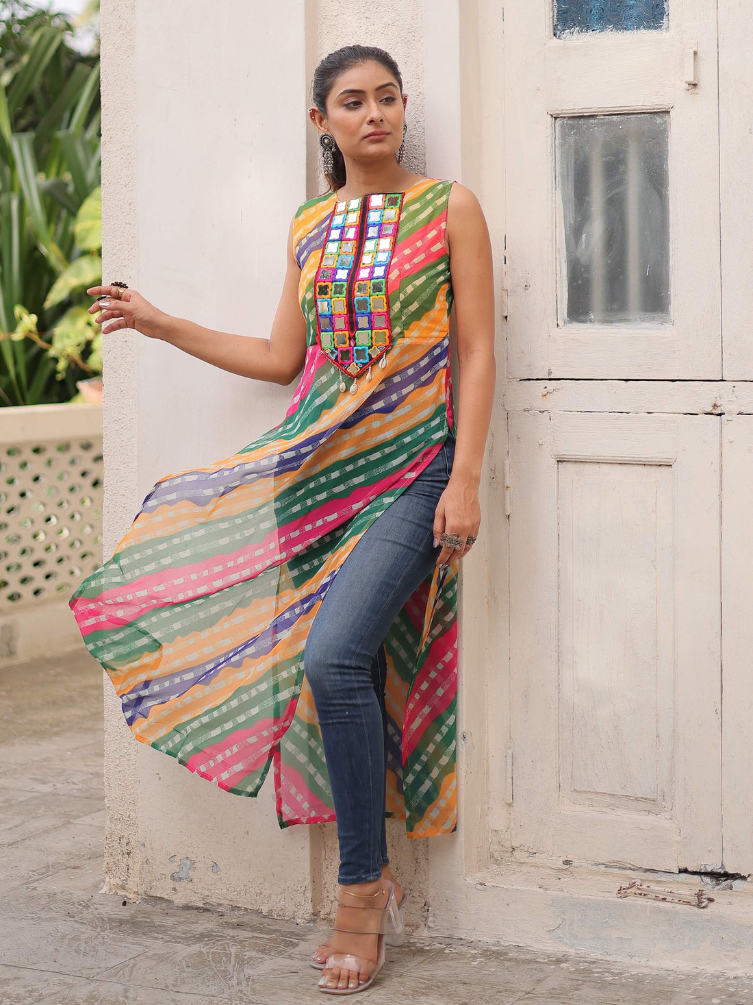 Amazeballs Multi-Color Bandhej Print Georgette Festive Wear Long Kurti - Zeel Clothing
