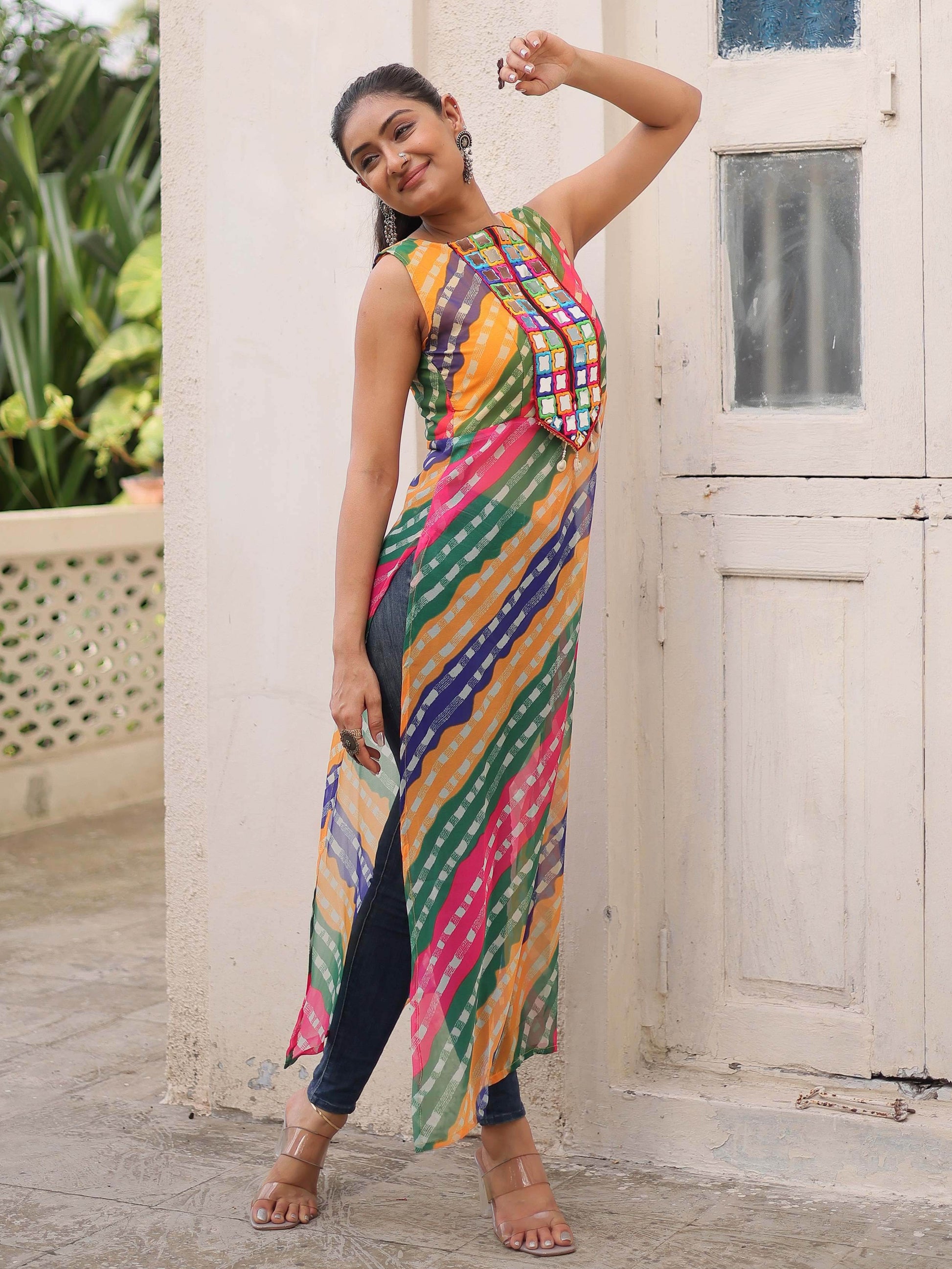Amazeballs Multi-Color Bandhej Print Georgette Festive Wear Long Kurti - Zeel Clothing