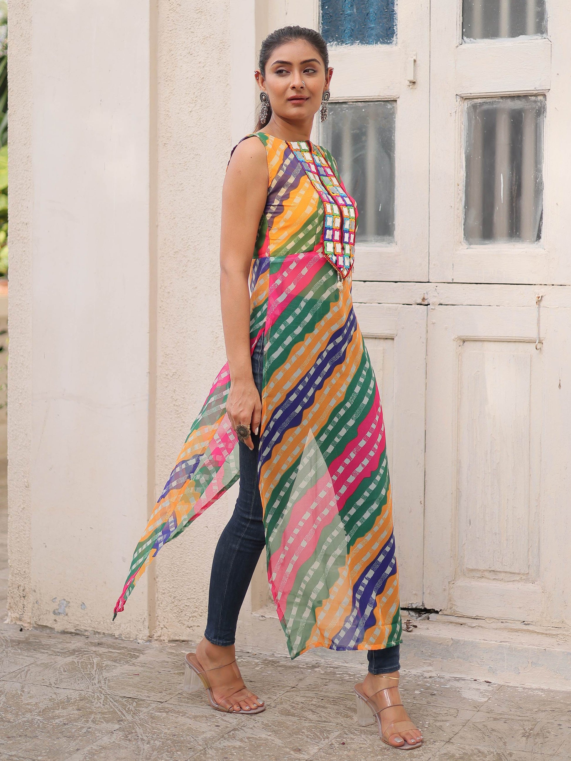 Amazeballs Multi-Color Bandhej Print Georgette Festive Wear Long Kurti - Zeel Clothing